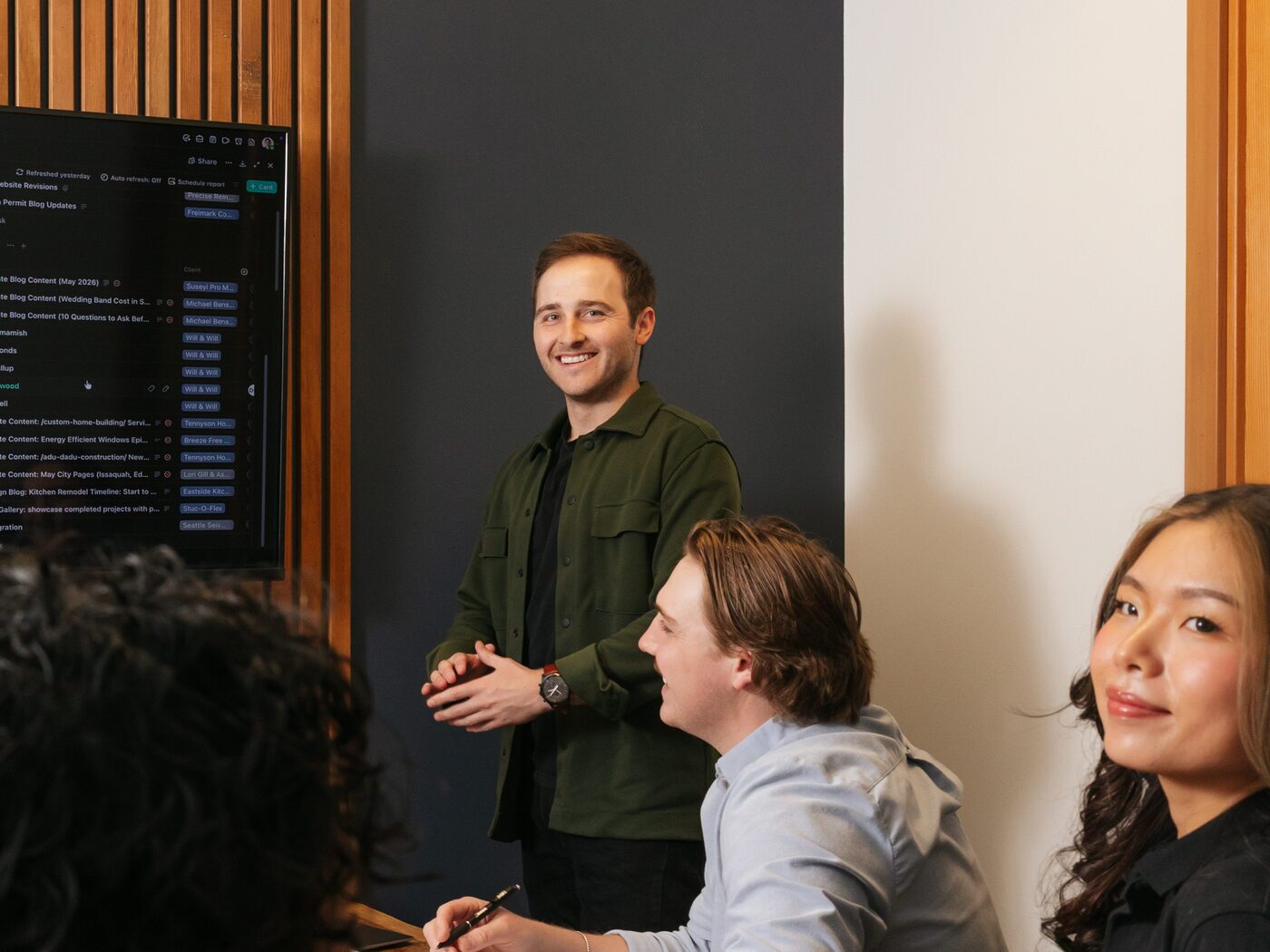 Brock Olsen presenting campaign performance to the team