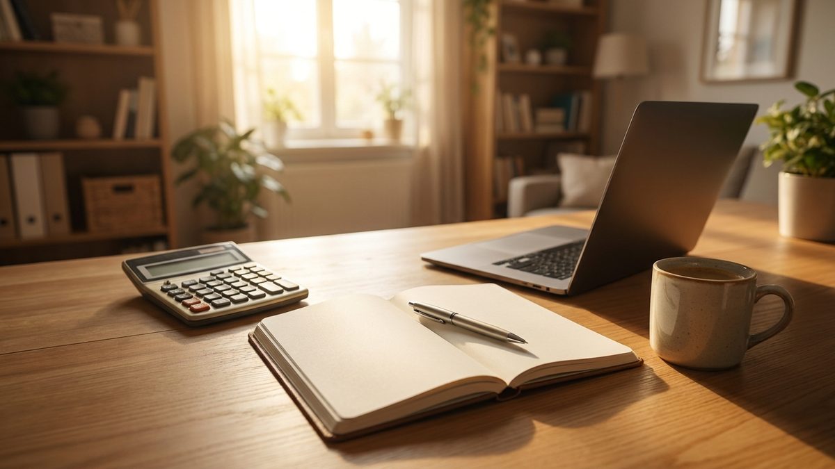 A calculator, notepad, and laptop on a desk in warm morning light, planning a marketing budget.