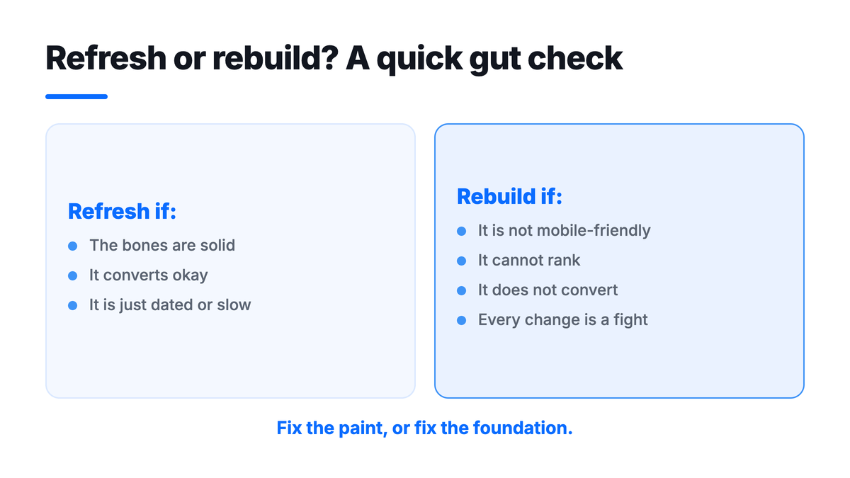 Refresh or rebuild, a quick gut check: refresh if the bones are solid and it just looks dated, rebuild if it is not mobile-friendly, cannot rank, or does not convert.