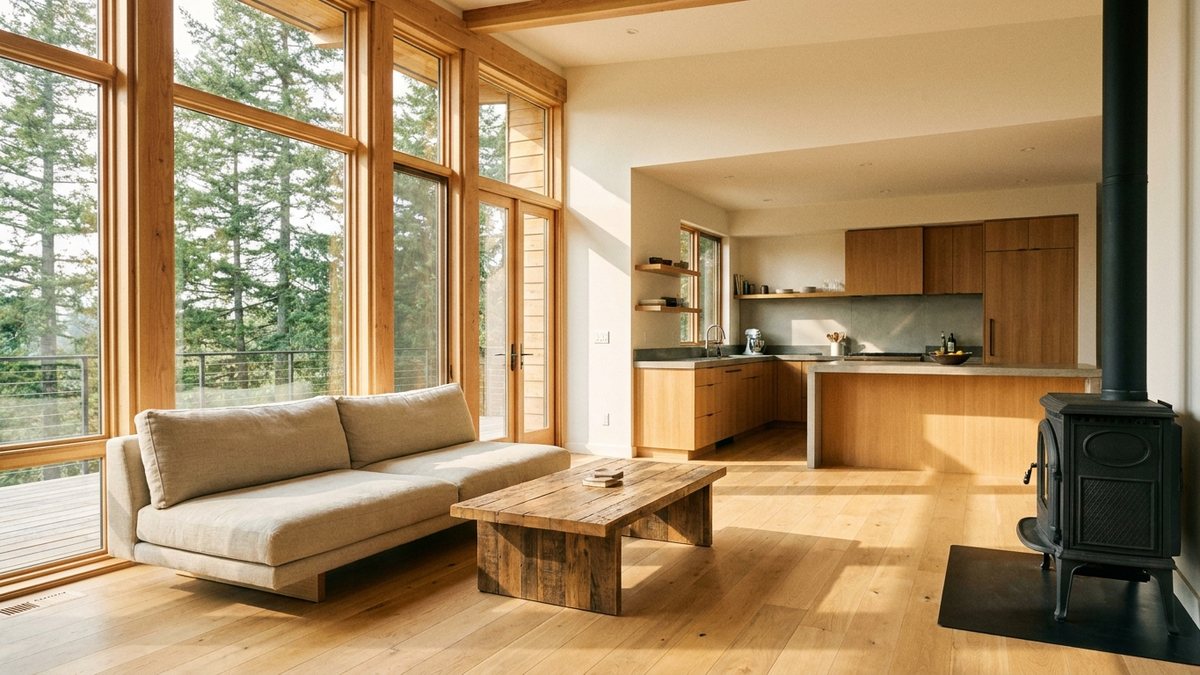 The bright open-plan living room of a modern Northwest contemporary home with large windows onto evergreens.