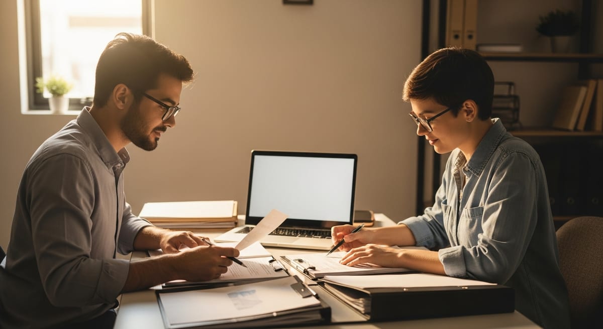 Two people reviewing paperwork across a desk in a small business office.