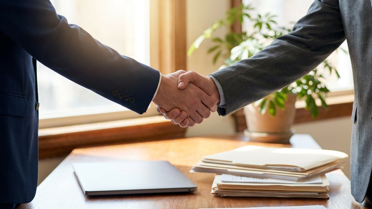Two people shaking hands across a desk in a small office, closing a deal.