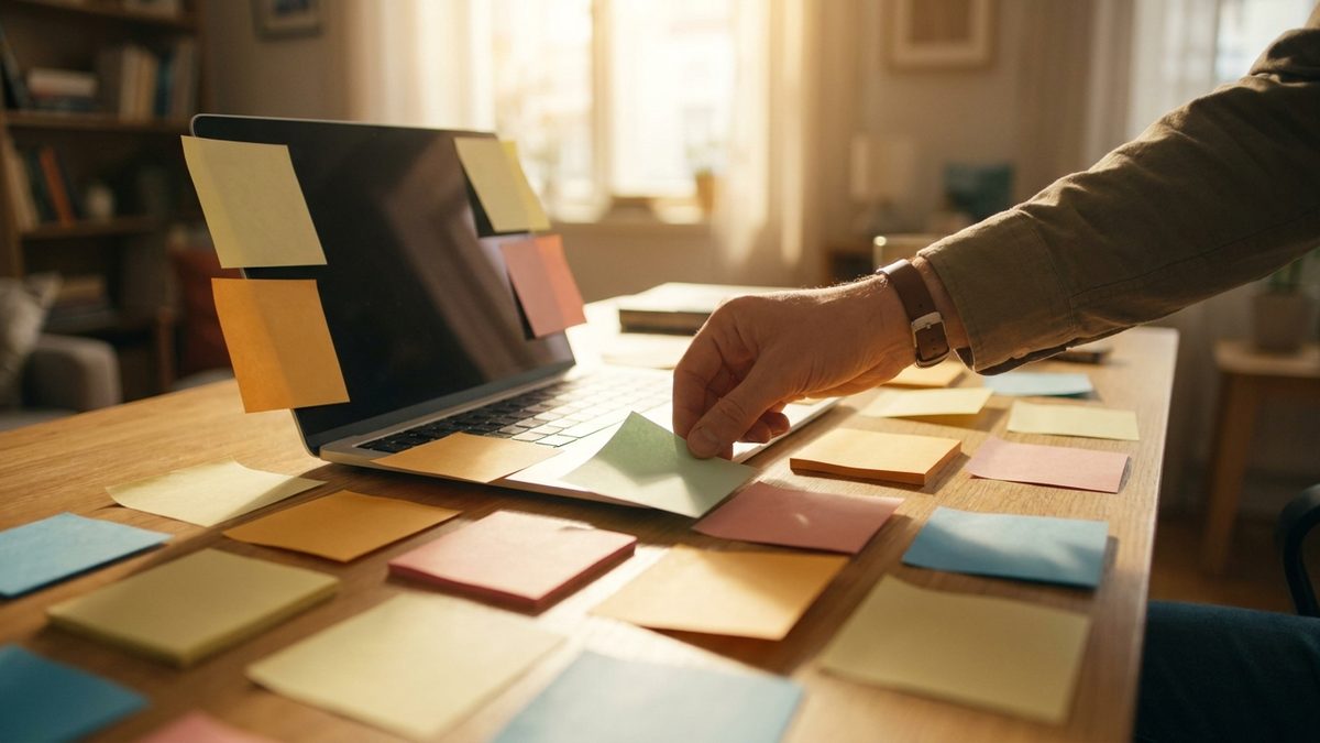 A desk covered with colorful sticky notes and an open laptop during a content brainstorm.