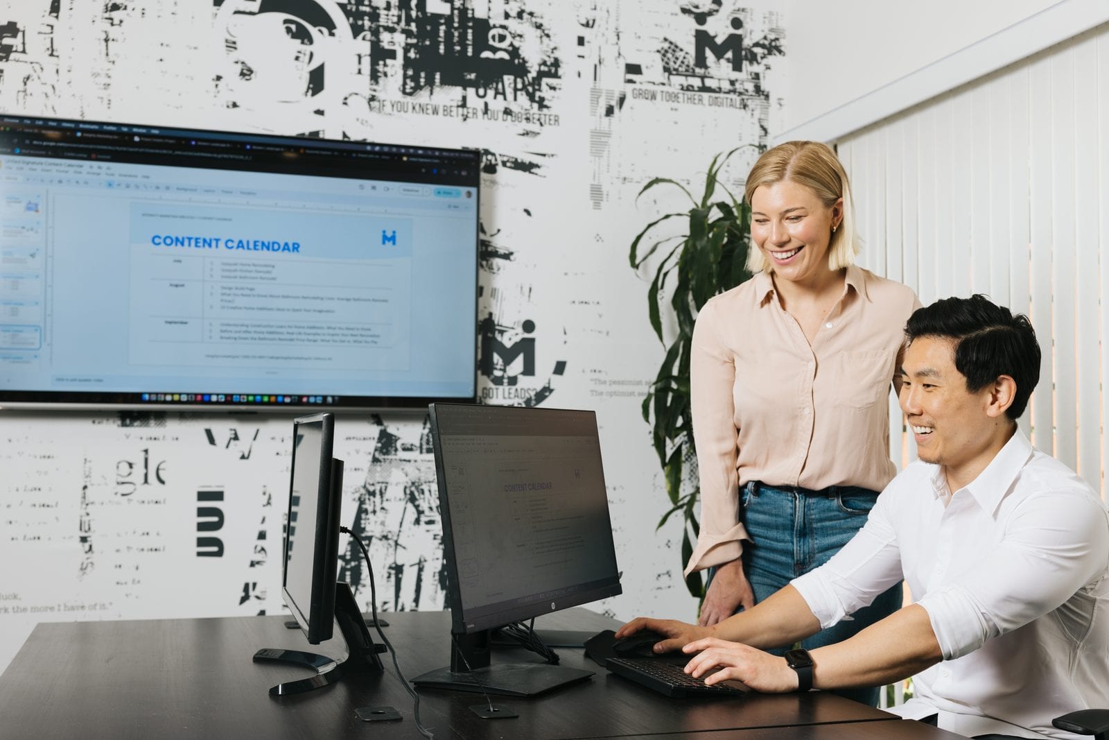 Team reviewing content calendar