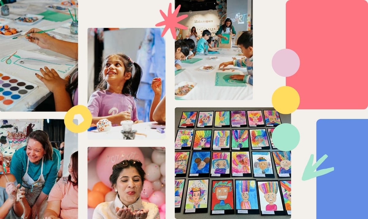 Children and adults painting, drawing, and displaying colorful artwork at CreArt Studioz