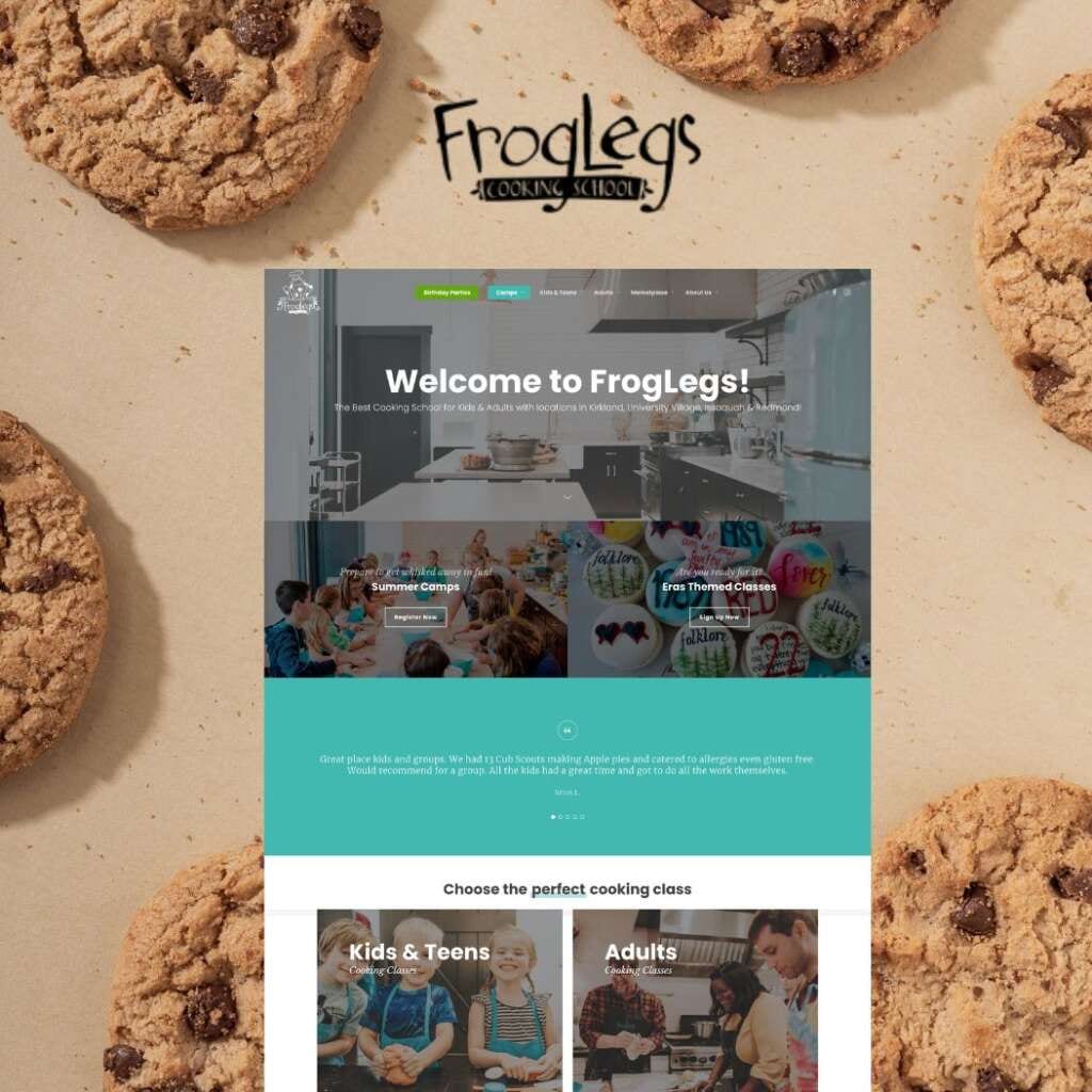 FrogLegs Cooking School website homepage with kids decorating cookies and vibrant class options