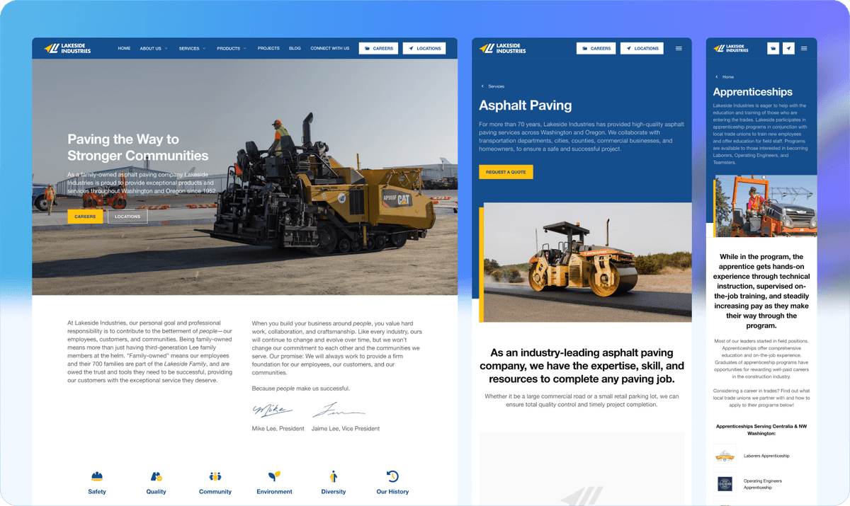 Lakeside Industries website banner showing paving services, asphalt machinery, and apprenticeship opportunities