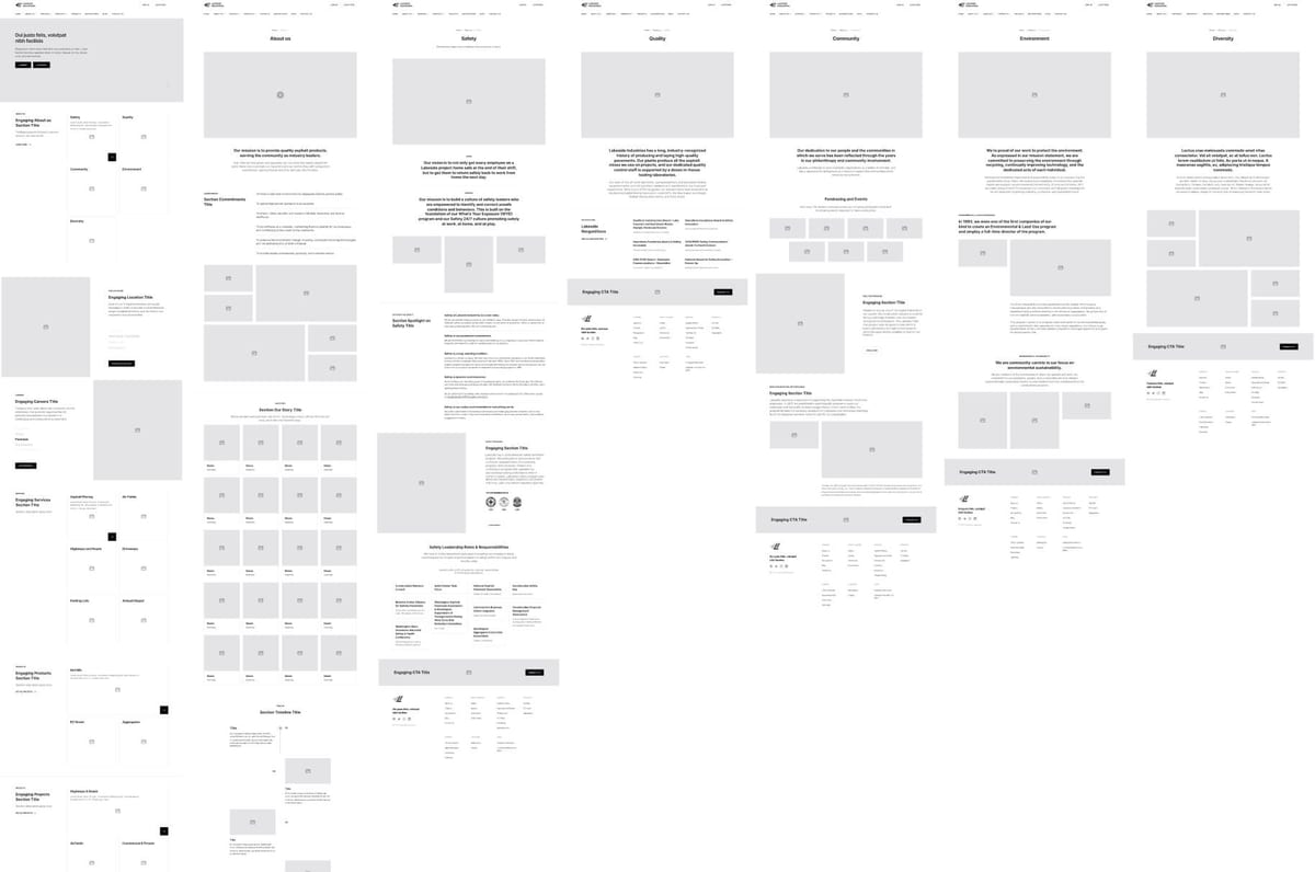 Grayscale wireframe of Lakeside Industries website layout