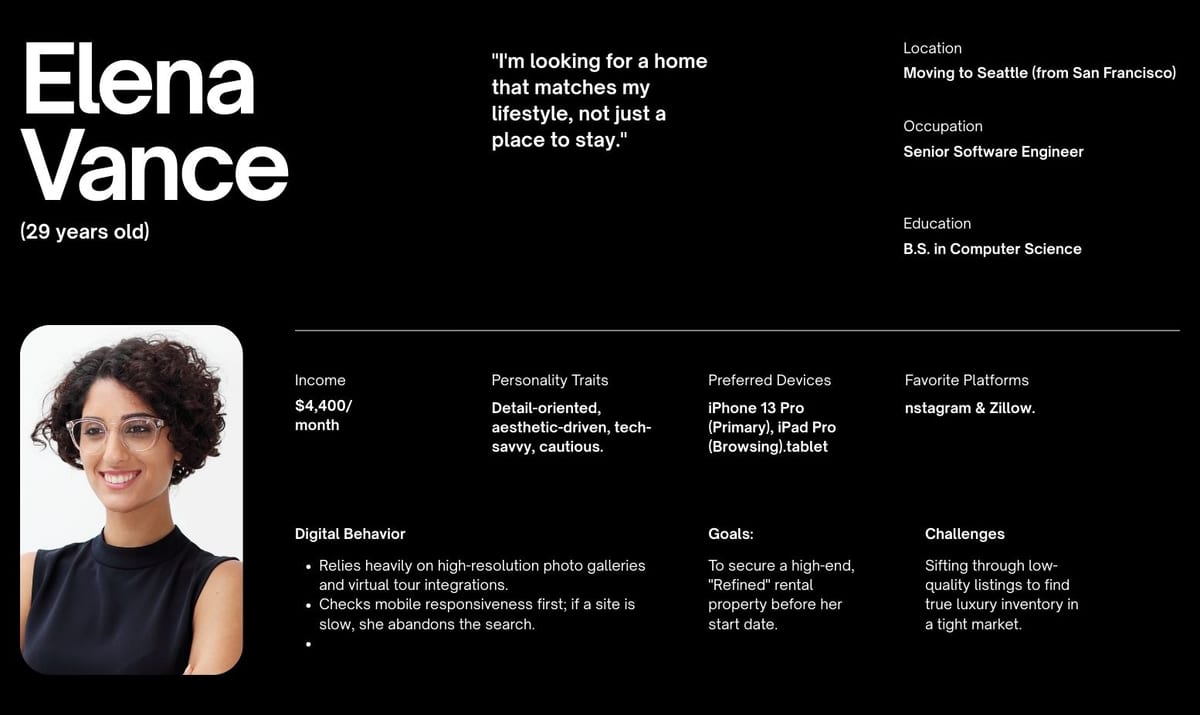 Profile of Elena Vance, 29-year-old software engineer moving to Seattle