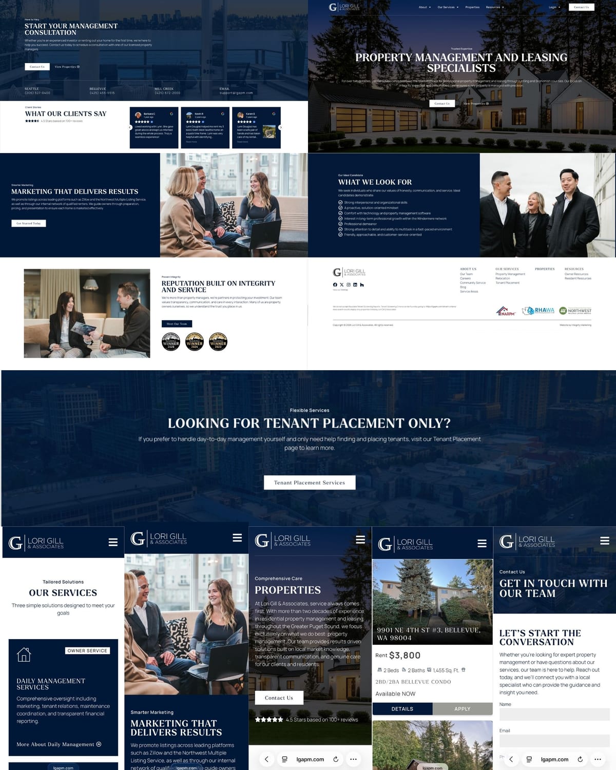 Lori Gill & Associates full website design collage showing service pages, team photos, and property listings
