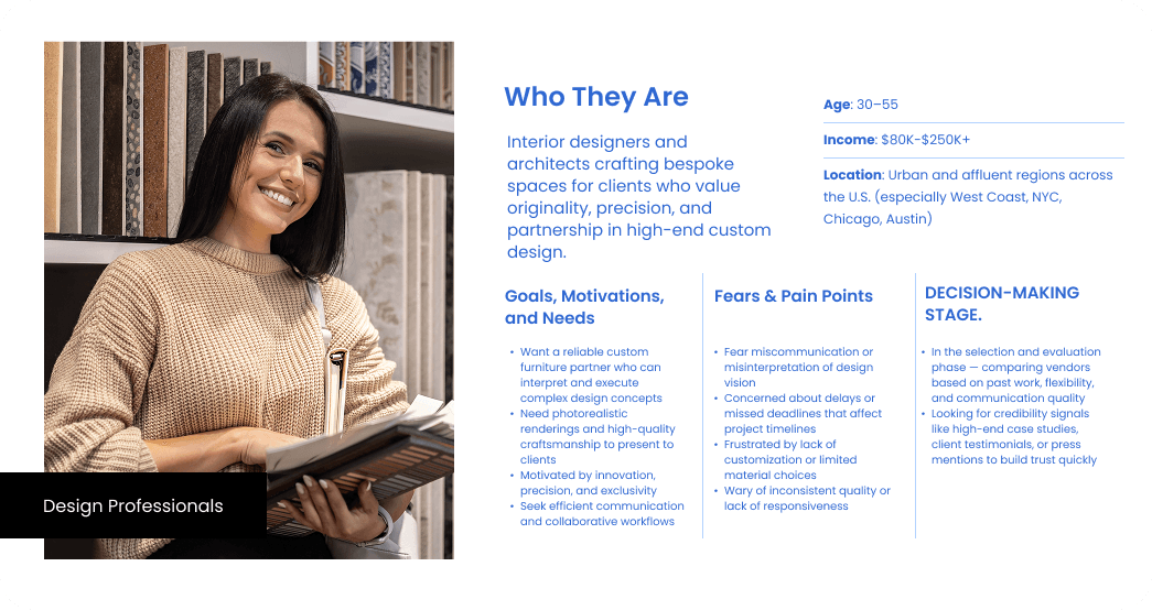 Woman holding design samples in modern office representing interior designer persona