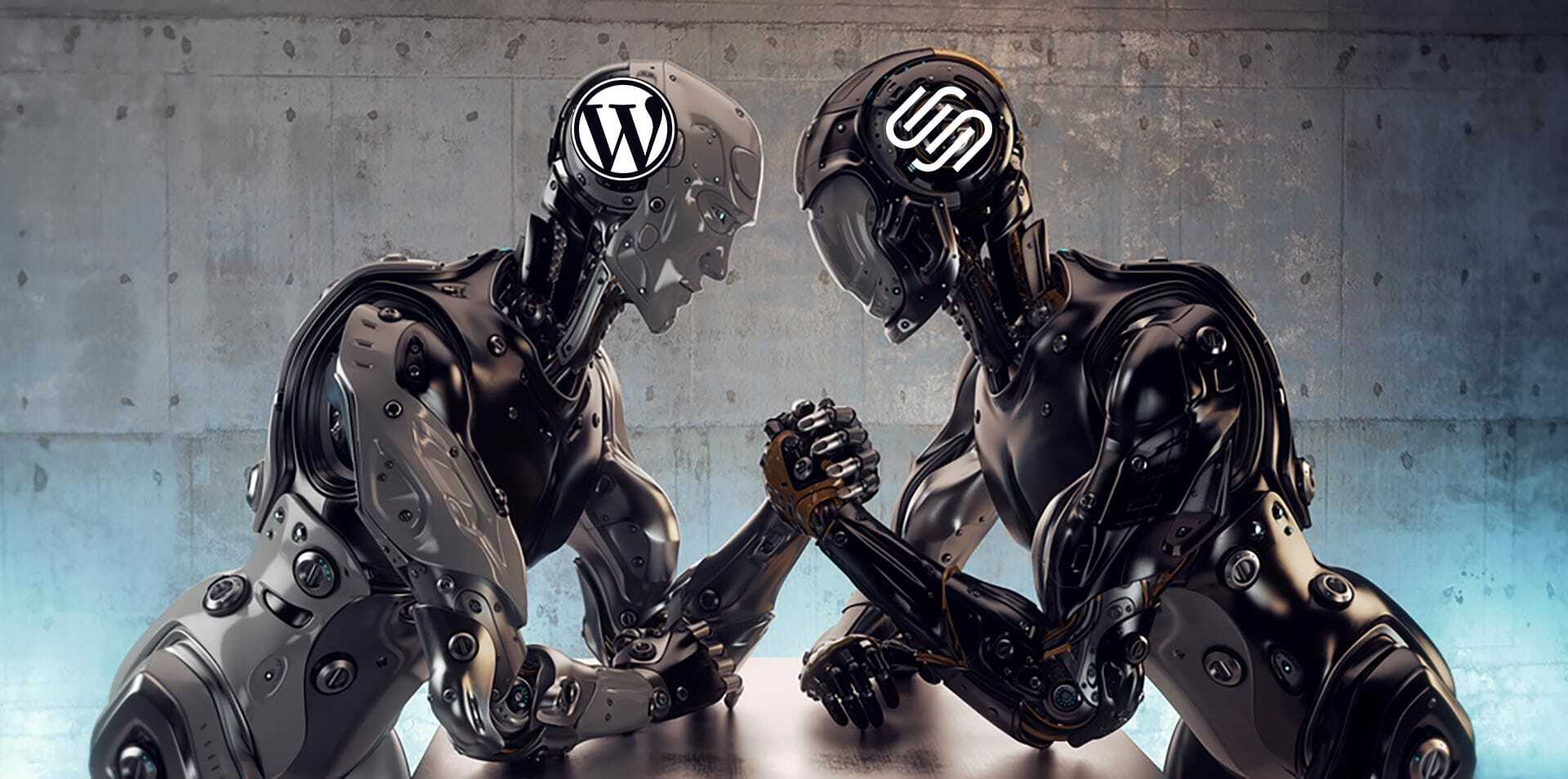 Two robots arm wrestling in a symbolic battle. One robot has a WordPress logo on its head, and the other has a Squarespace logo. The scene is set in a metallic, industrial environment, highlighting a technology competition theme.