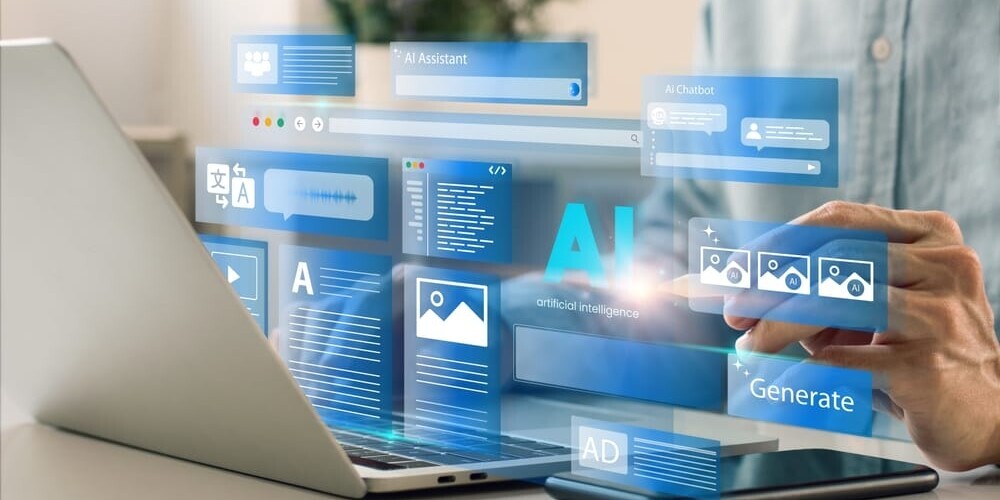 Person interacting with a laptop displaying floating AI-related graphics, including AI Assistant, AI Chatbot, and image icons. A smartphone rests beside the laptop. The scene conveys futuristic and digital interaction.