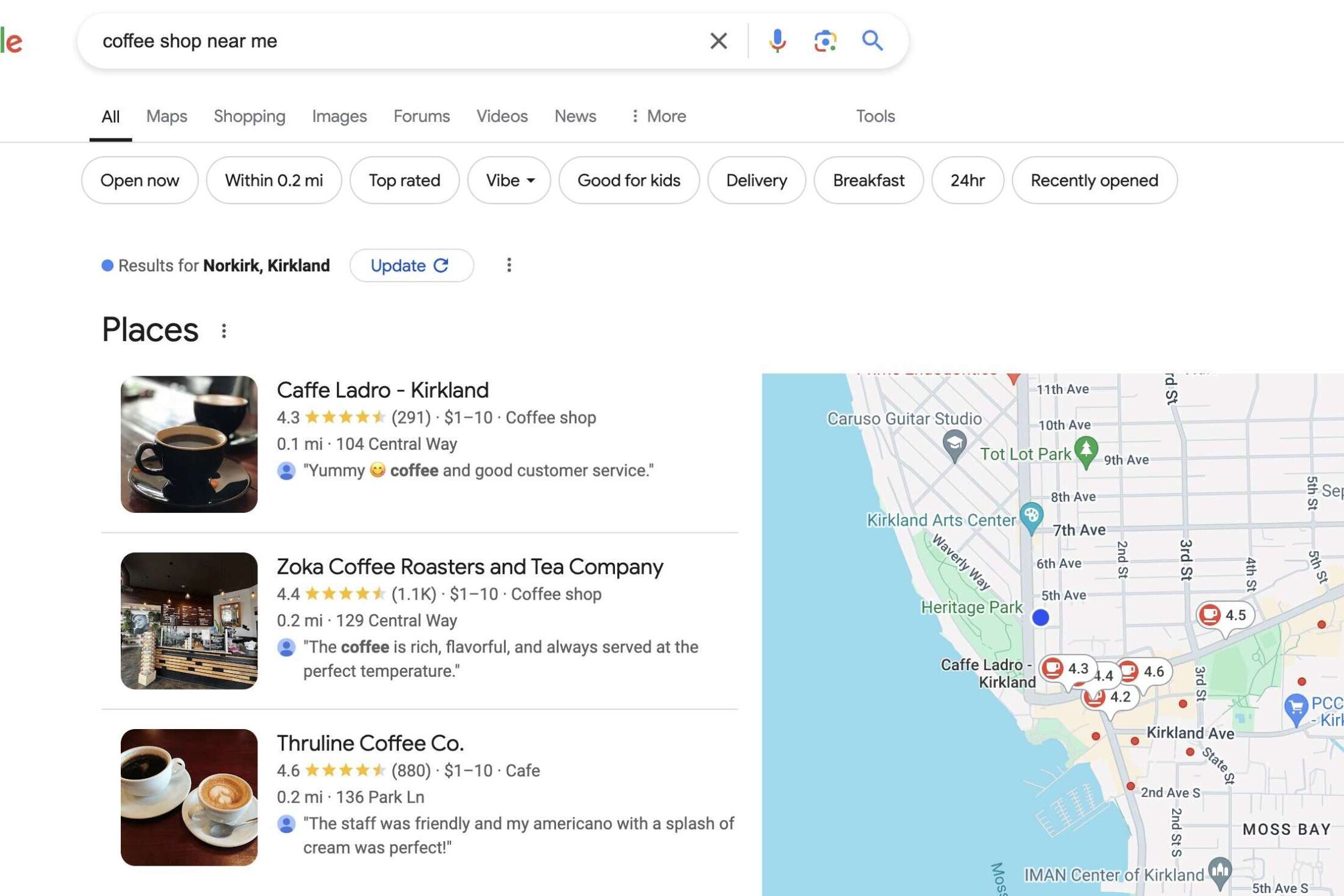 Screenshot of a Google search for coffee shop near me showing results with a map. Listings include Caffe Ladro, Zoka Coffee Roasters, and Thruline Coffee Co. on the left. The map on the right highlights locations of these coffee shops in Kirkland.