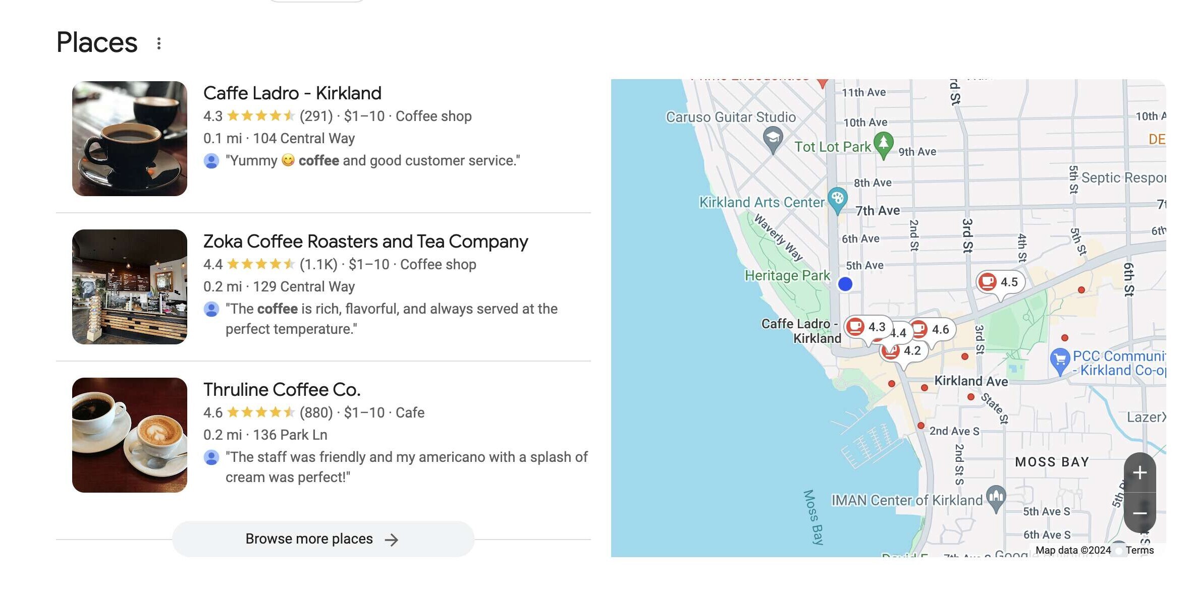 Map showing coffee shops in Kirkland. Listings include Caffè Ladro, Zoka Coffee Roasters, and Thruline Coffee Co., each with ratings and reviews. A sidebar has business details and user comments.