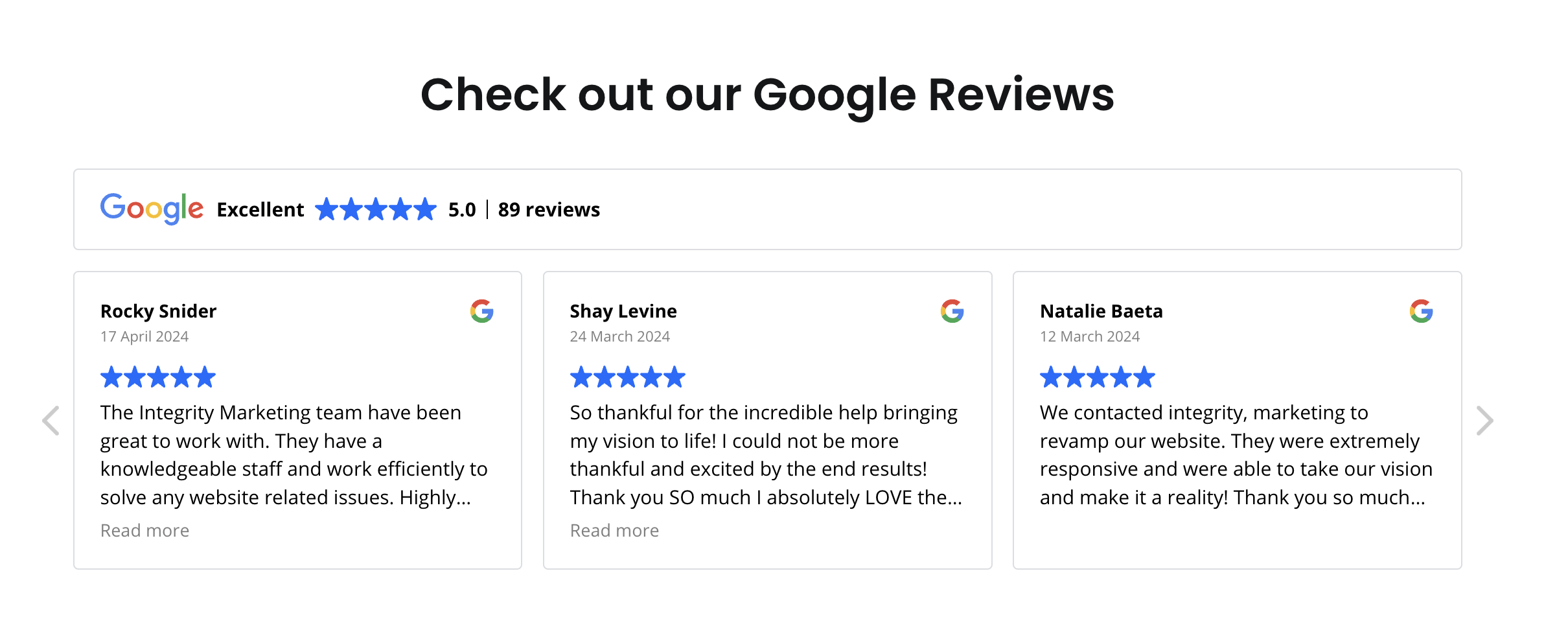 A section highlighting Google reviews with a 5-star rating from 89 reviews. It features reviews by Rocky Snider, Shay Levine, and Natalie Baeta praising a marketing team for their expertise, help, and responsiveness.