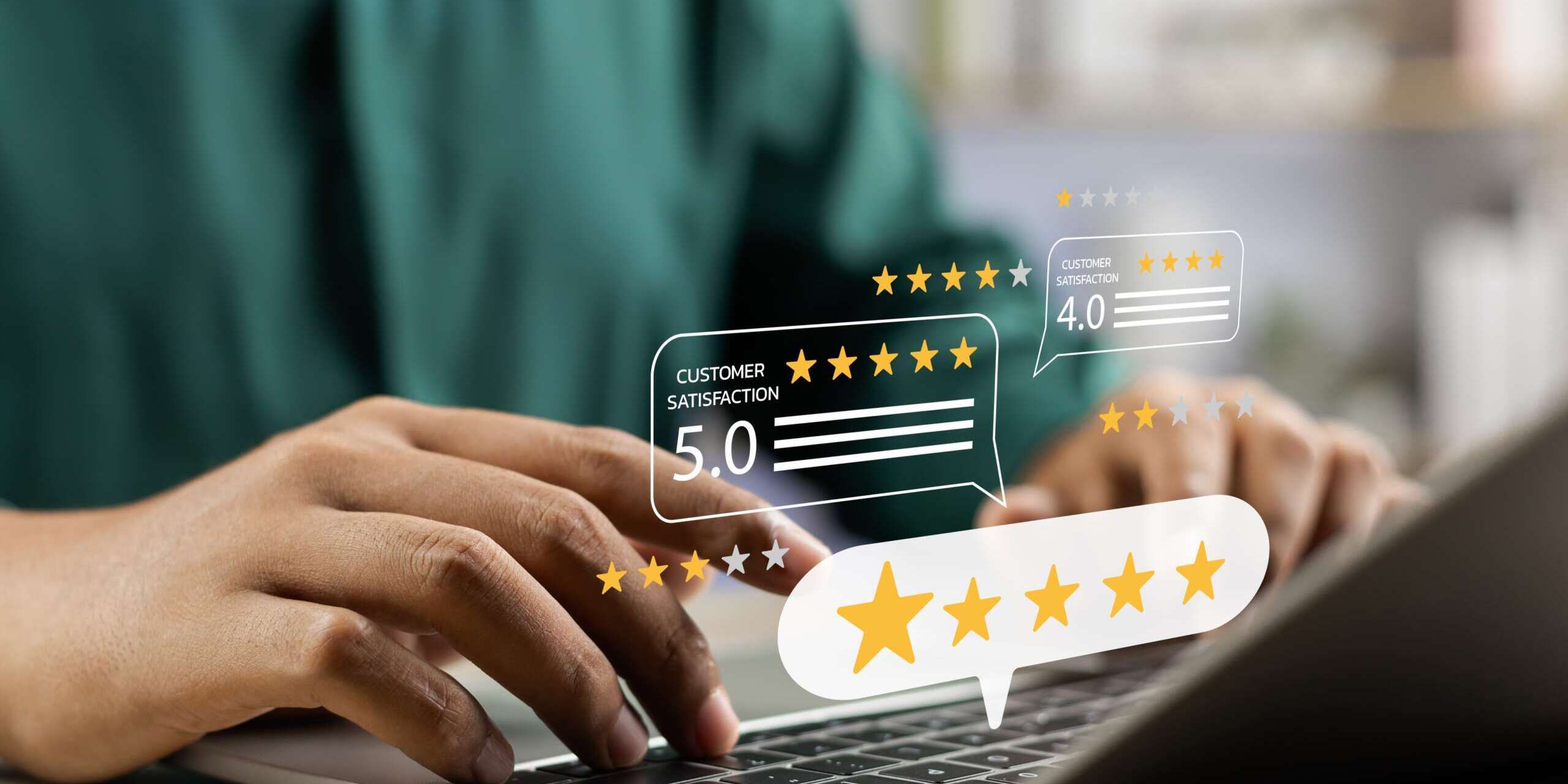 Person typing on a laptop with overlay graphics showing customer satisfaction ratings of 5.0 and 4.0 stars.