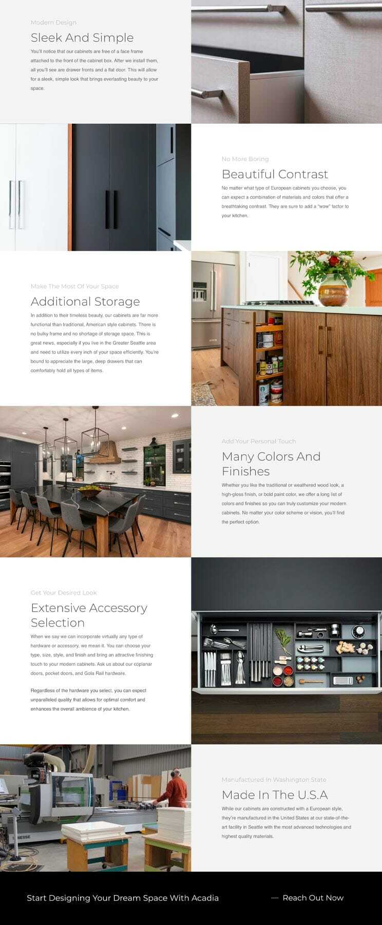 A brochure showcases various home design options. Images display sleek cabinets, a wardrobe with drawers, kitchen storage solutions, and workspace organization. Sections highlight design benefits such as simplicity, contrast, storage, and customization options.