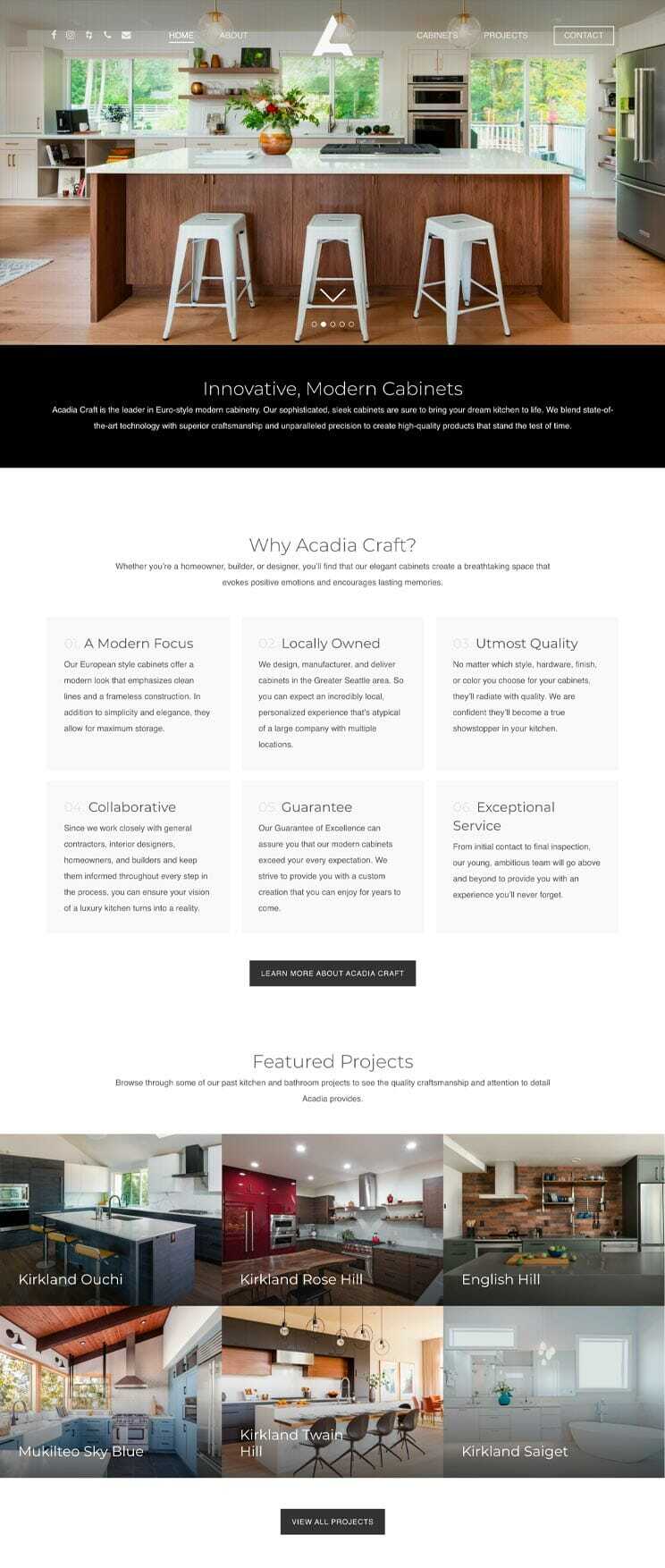 A modern kitchen featuring a large wooden island with three white bar stools. The website showcases Acadia Craft, a custom cabinet maker, highlighting their focus on quality, local ownership, and various kitchen projects with sleek designs.