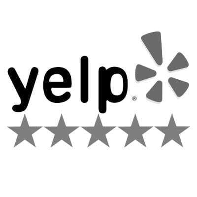 Yelp logo with gray text and five gray stars below it.
