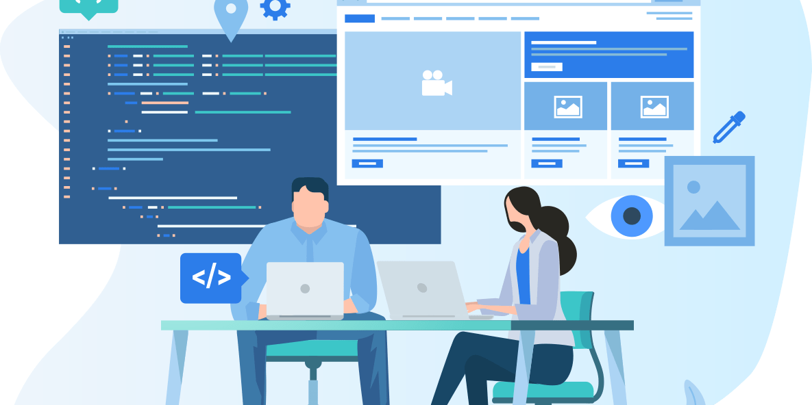 Illustration of a man and woman working on laptops at a desk. Behind them are elements of web development, including a large screen with layout designs, a code snippet, and icons like a location pin and camera.