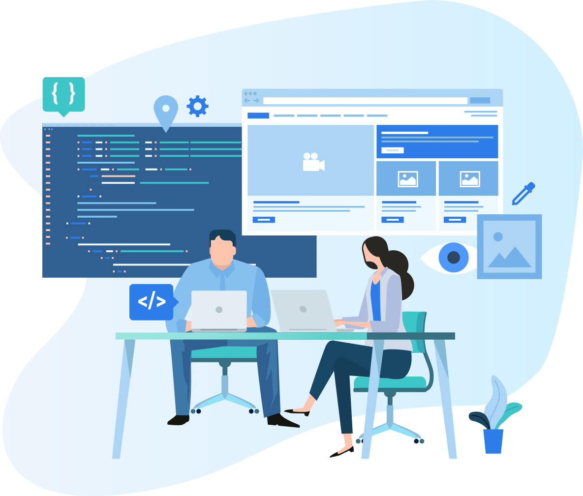 Illustration of a man and woman working on laptops at a desk. Behind them are elements of web development, including a large screen with layout designs, a code snippet, and icons like a location pin and camera.
