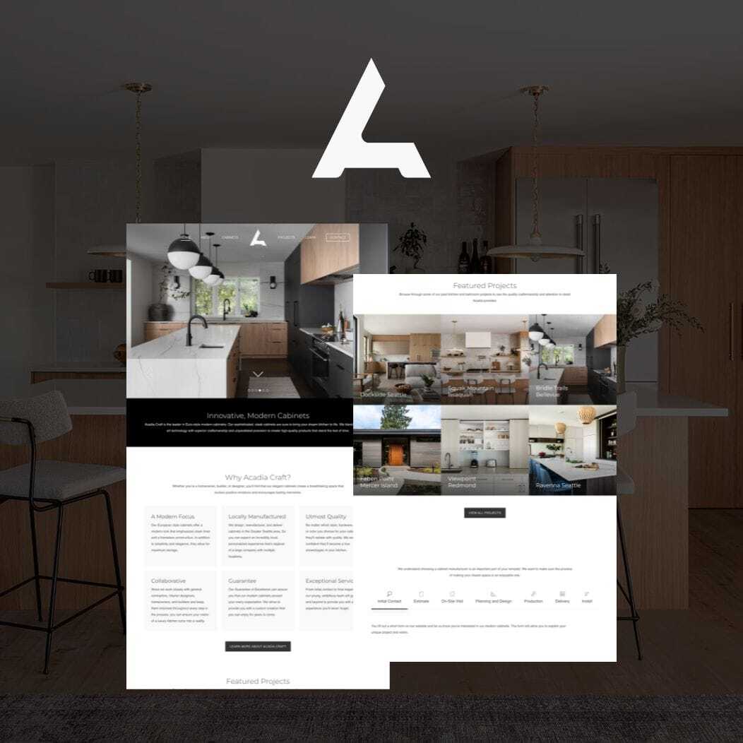 A modern kitchen showroom displays wooden cabinetry and pendant lights. Overlaid are two website pages showcasing sleek kitchen designs, innovative cabinetry, and featured projects, all under a minimalist white logo at the top.