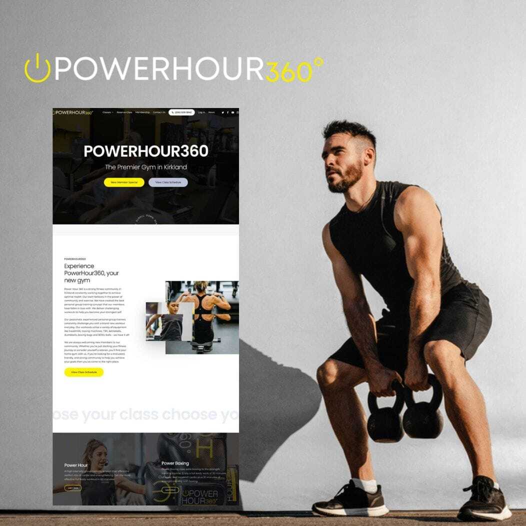 A man in athletic wear lifts kettlebells against a gray background. An overlay displays the PowerHour360 website, showcasing various sections including classes and training information. PowerHour360 logo is at the top.