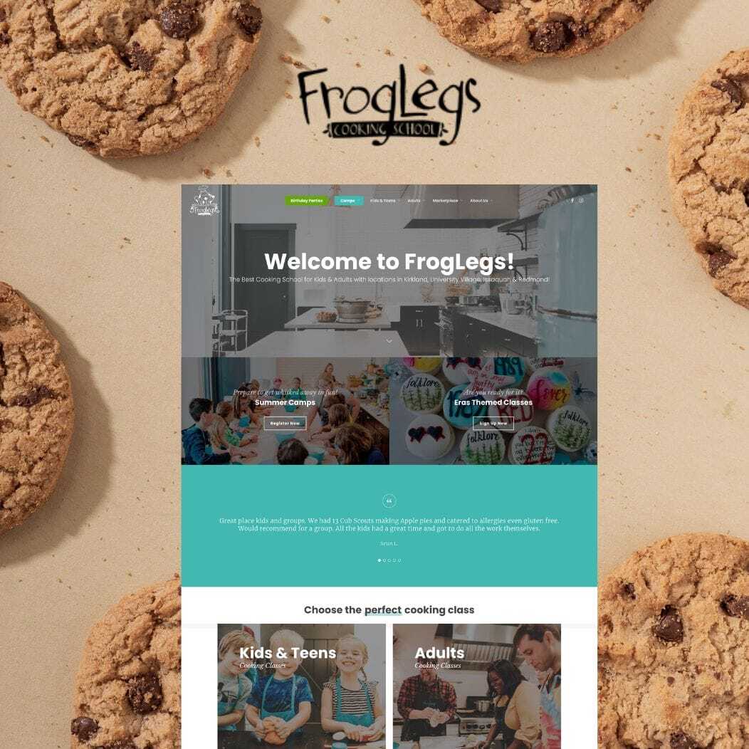 Website homepage for FrogLegs Cooking School with kids decorating cookies in the background. The page offers options for kids, teens, and adults, with vibrant images of cooking activities. The header reads, Welcome to FrogLegs!.