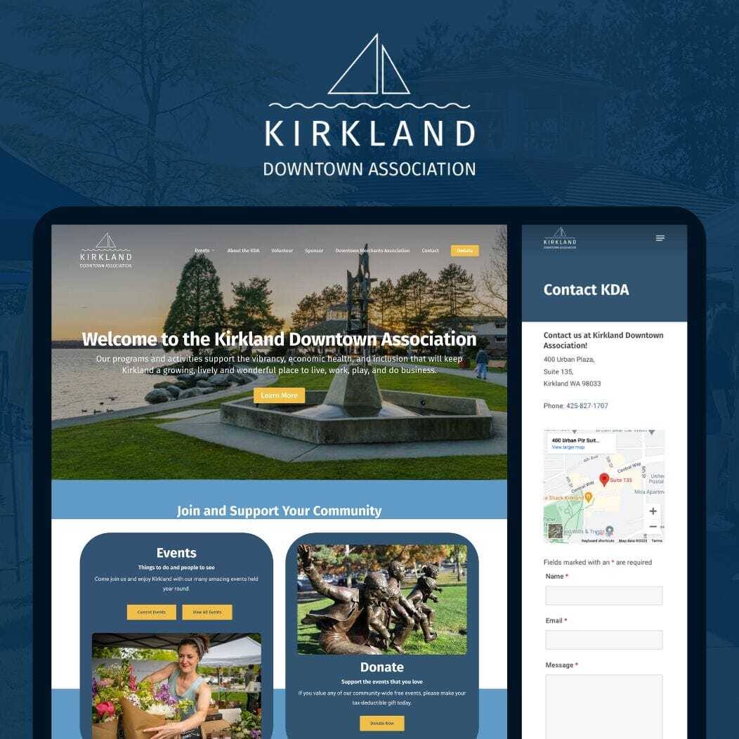 A digital mockup of the Kirkland Downtown Association website. It features a welcome message, event details, and a contact section with location map and contact form. The background has a scenic image with trees and a clear sky.