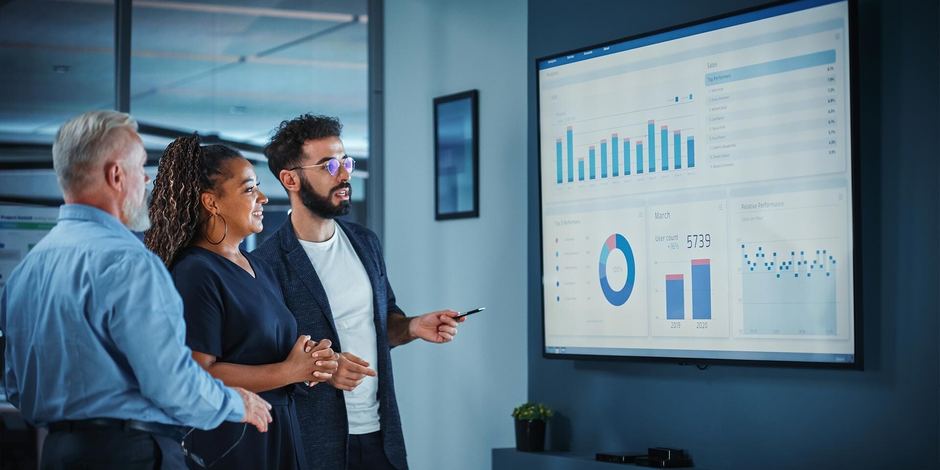 Three people stand in an office, attentively looking at a large screen displaying various charts and graphs. One person gestures towards the screen, while the others observe.