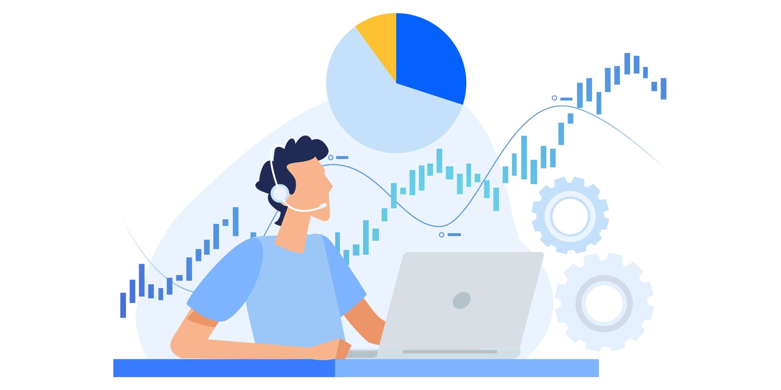A person in a headset sits at a laptop, focusing on graphs and a pie chart displaying upward trends. Two gears are in the background, suggesting analysis or technical work. The color scheme is blue and orange.