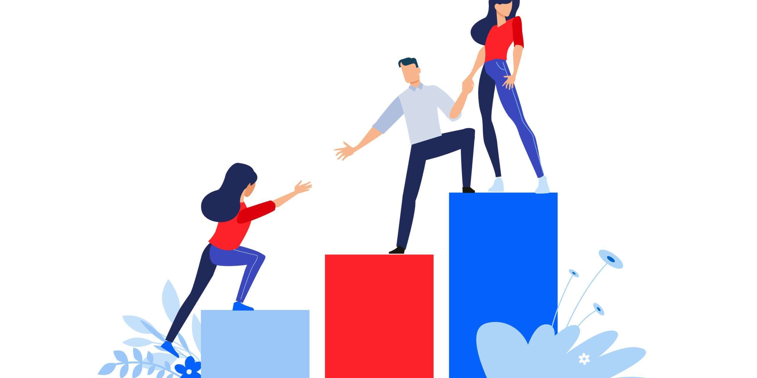 Illustration of people on bar chart columns. A person on a blue block assists another on a red block. A third person reaches up, climbing onto the blue block. Light blue foliage decorates the base.