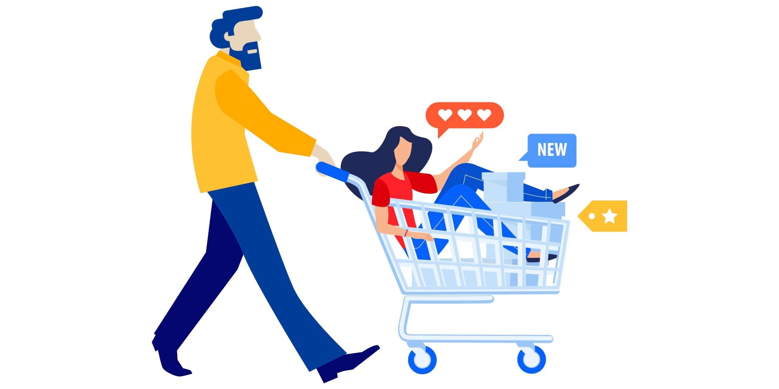 Illustration of a man pushing a shopping cart with a woman sitting inside. The woman is holding a tablet and swiping through icons of hearts, a star, and NEW. The man is wearing a yellow shirt and blue pants.