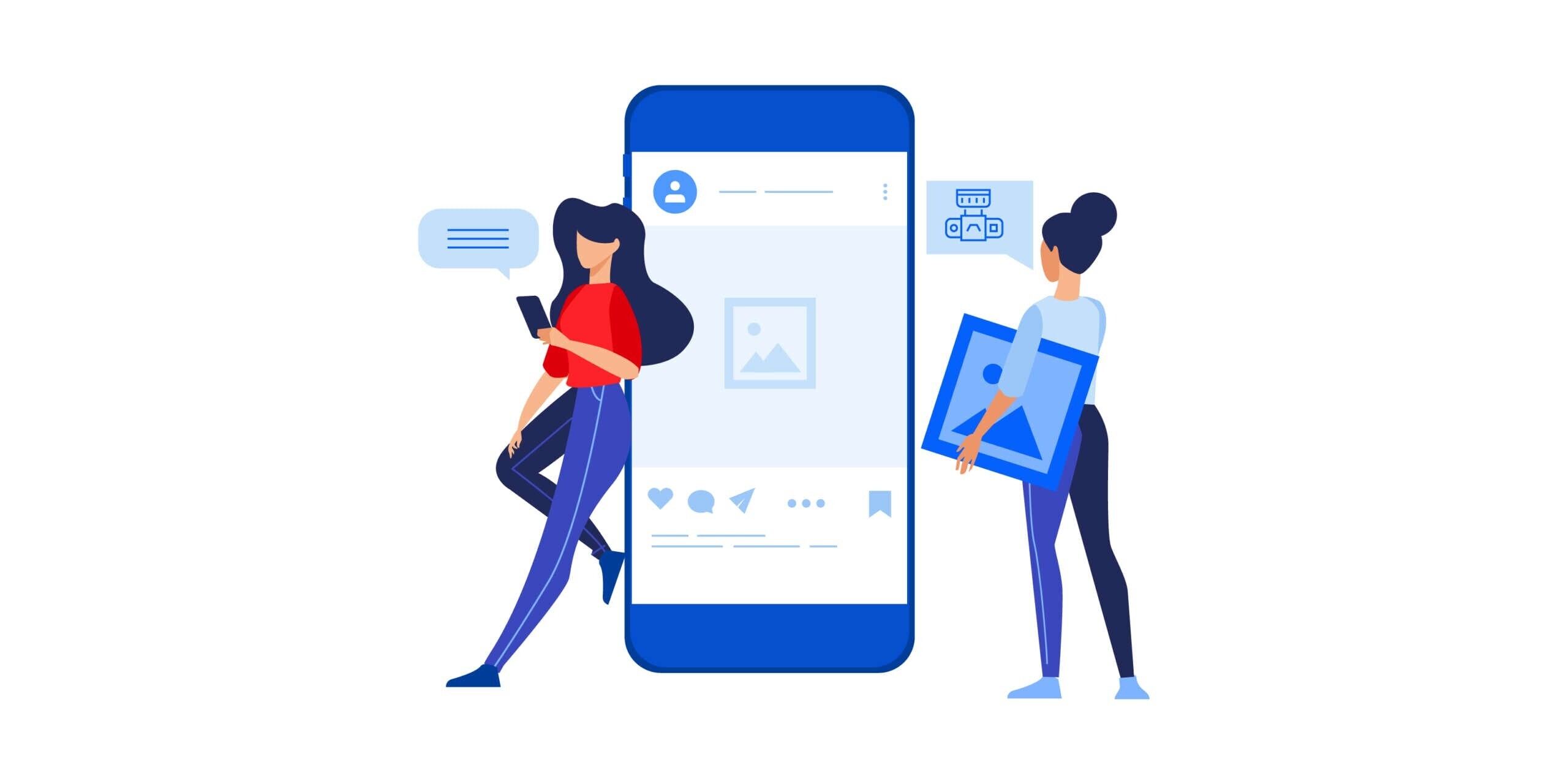 Illustration of two women interacting with a giant smartphone. One leans on the phone holding a mobile device, while the other holds a framed picture. The phone screen displays a mock social media interface with icons and a placeholder image.
