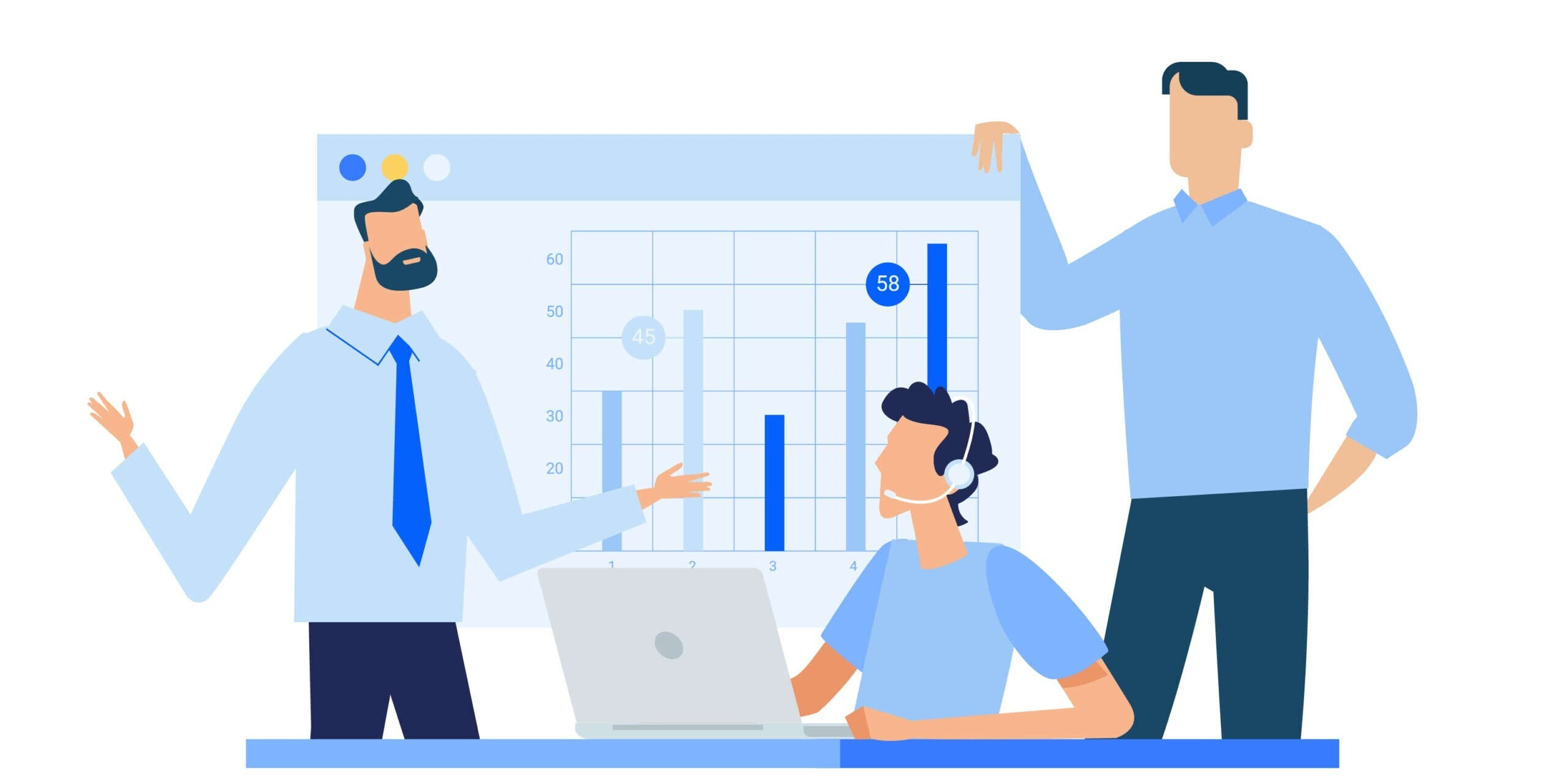 Three illustrated men engage in discussion at a desk with a laptop. One points at a large graph showing bar charts and data points in the background. All wear blue-themed office attire, reflecting a professional setting.