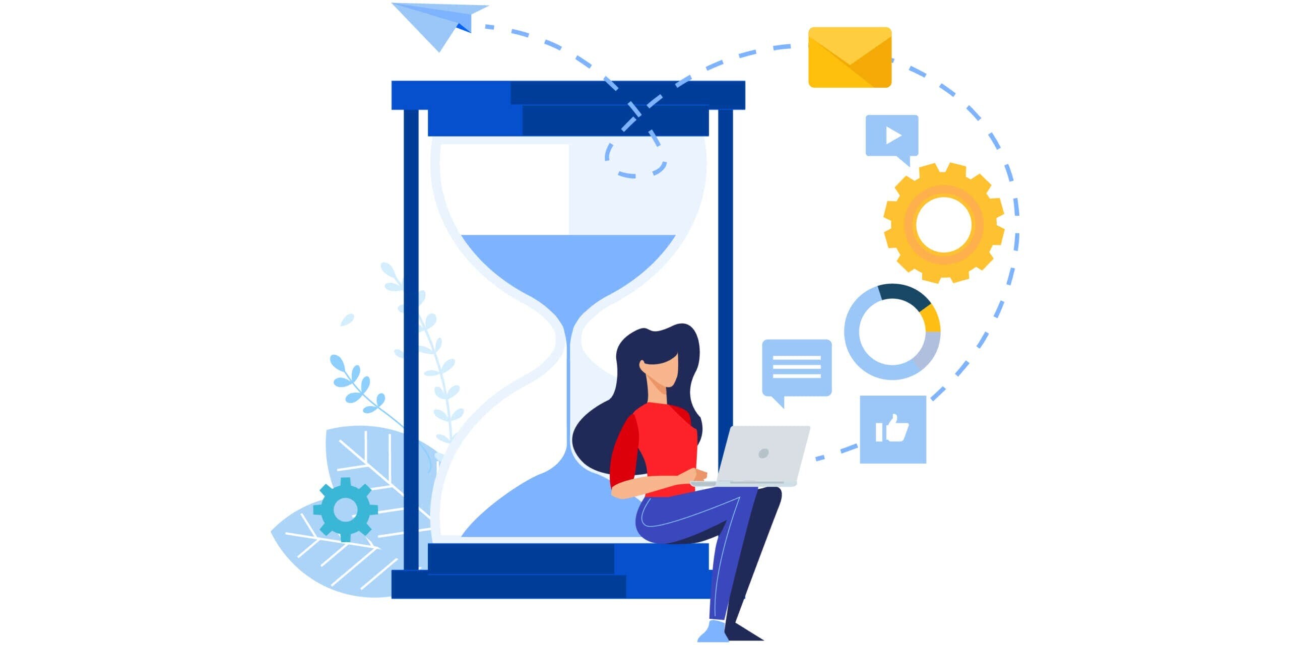 Illustration of a woman using a laptop, sitting beside a large hourglass. Surrounding her are icons of a paper plane, envelope, gear, bar graph, and thumbs up, symbolizing communication and productivity.
