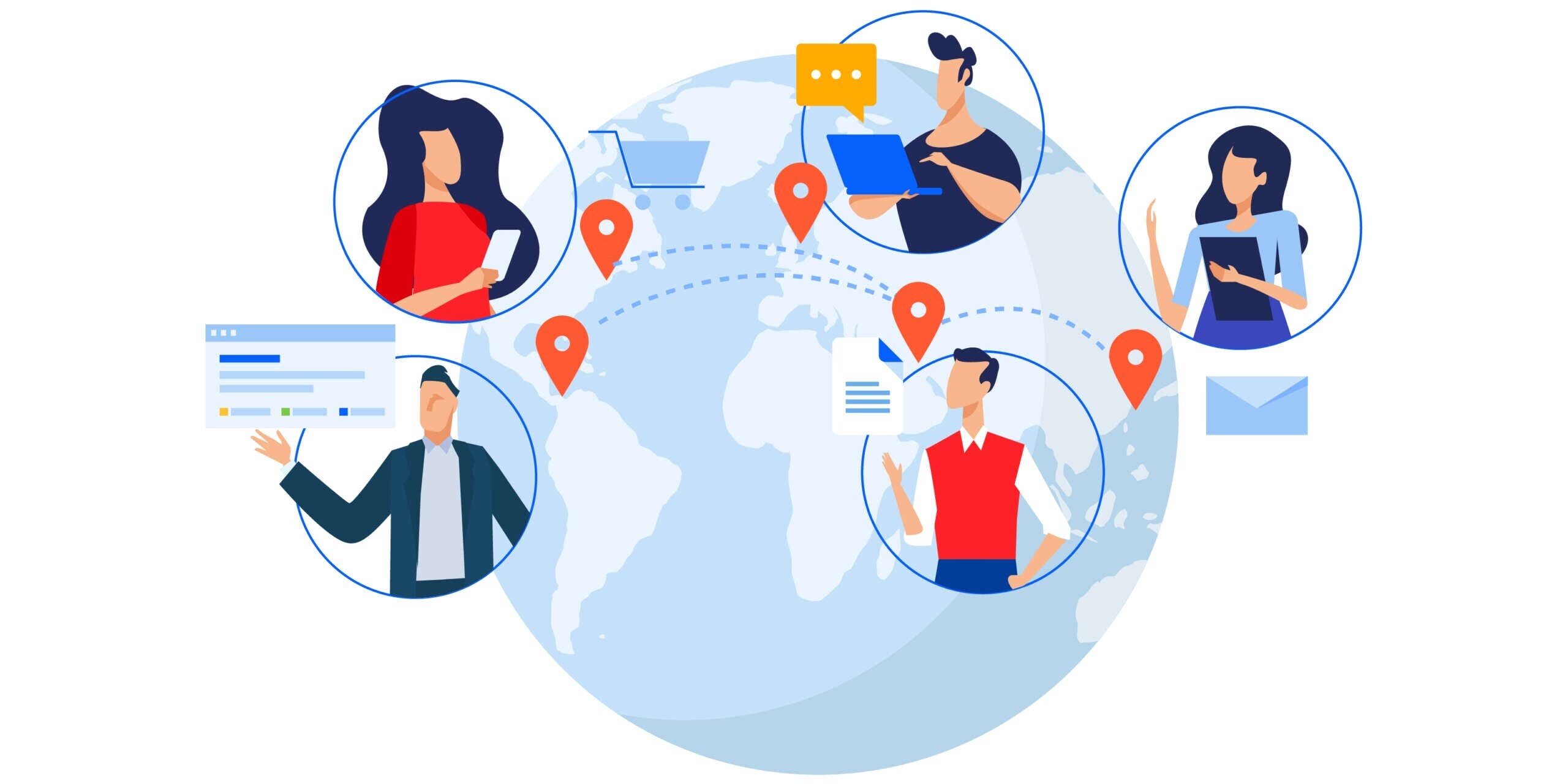 Illustration of diverse people engaging with various digital devices, connected by lines and location pins over a globe. They represent global networking and communication, with icons like chats and emails enhancing the theme.