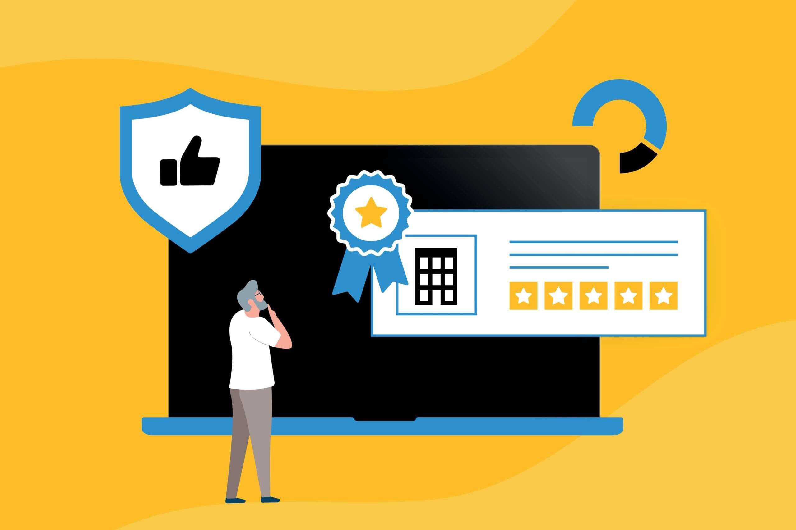Illustration of a person looking at a large computer screen displaying a ribbon with a star and a row of stars. A shield with a thumbs-up icon is on the left. Background is yellow with abstract shapes.
