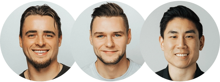 Three men are shown in circular frames with neutral backgrounds. The man on the left has short brown hair and a beard, the middle man has short dark blonde hair and a beard, and the man on the right has short black hair and no beard. All are smiling.