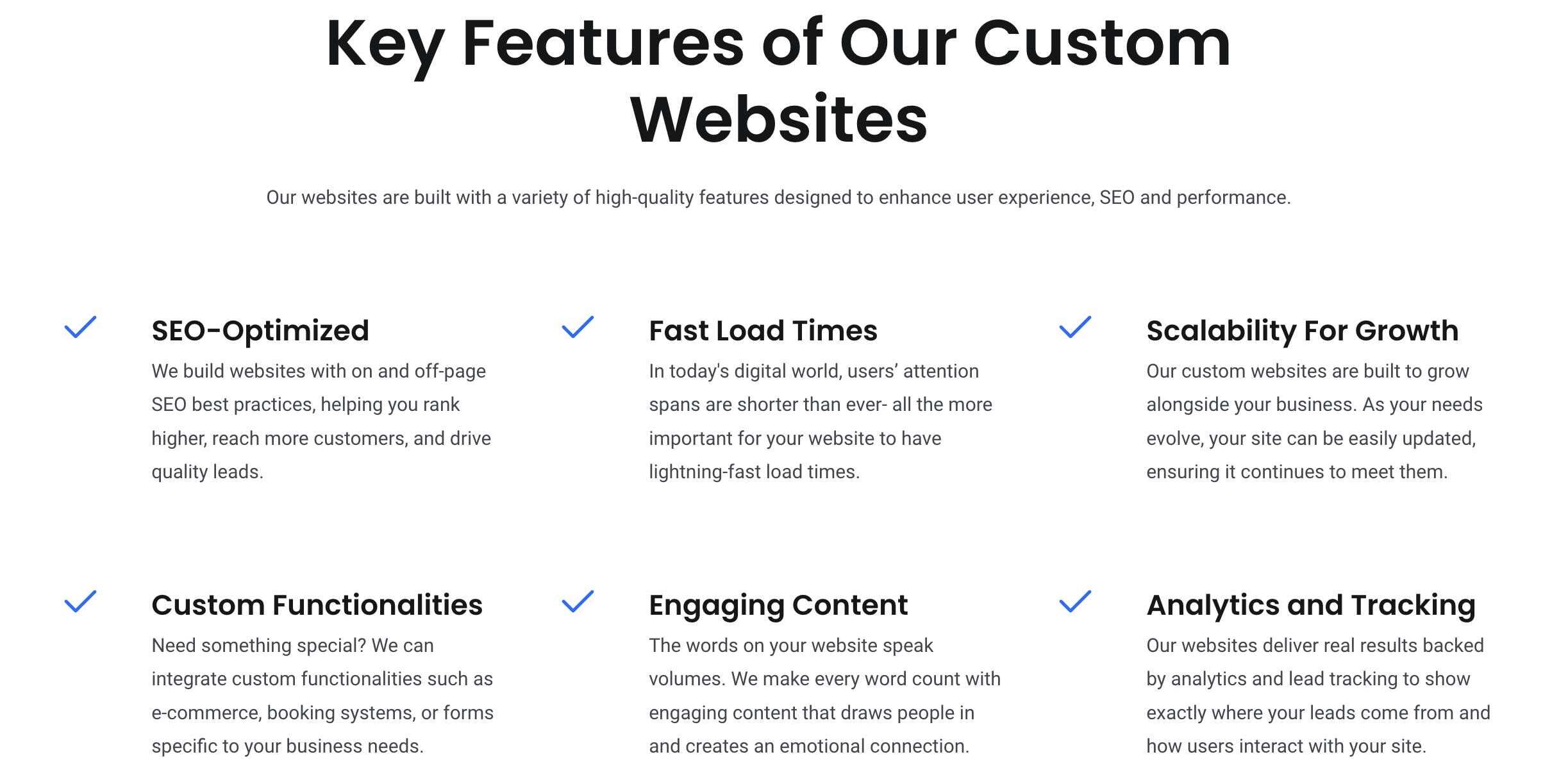 Text graphic titled Key Features of Our Custom Websites with six sections: SEO-Optimized, Fast Load Times, Scalability for Growth, Custom Functionalities, Engaging Content, and Analytics and Tracking, each describing benefits.