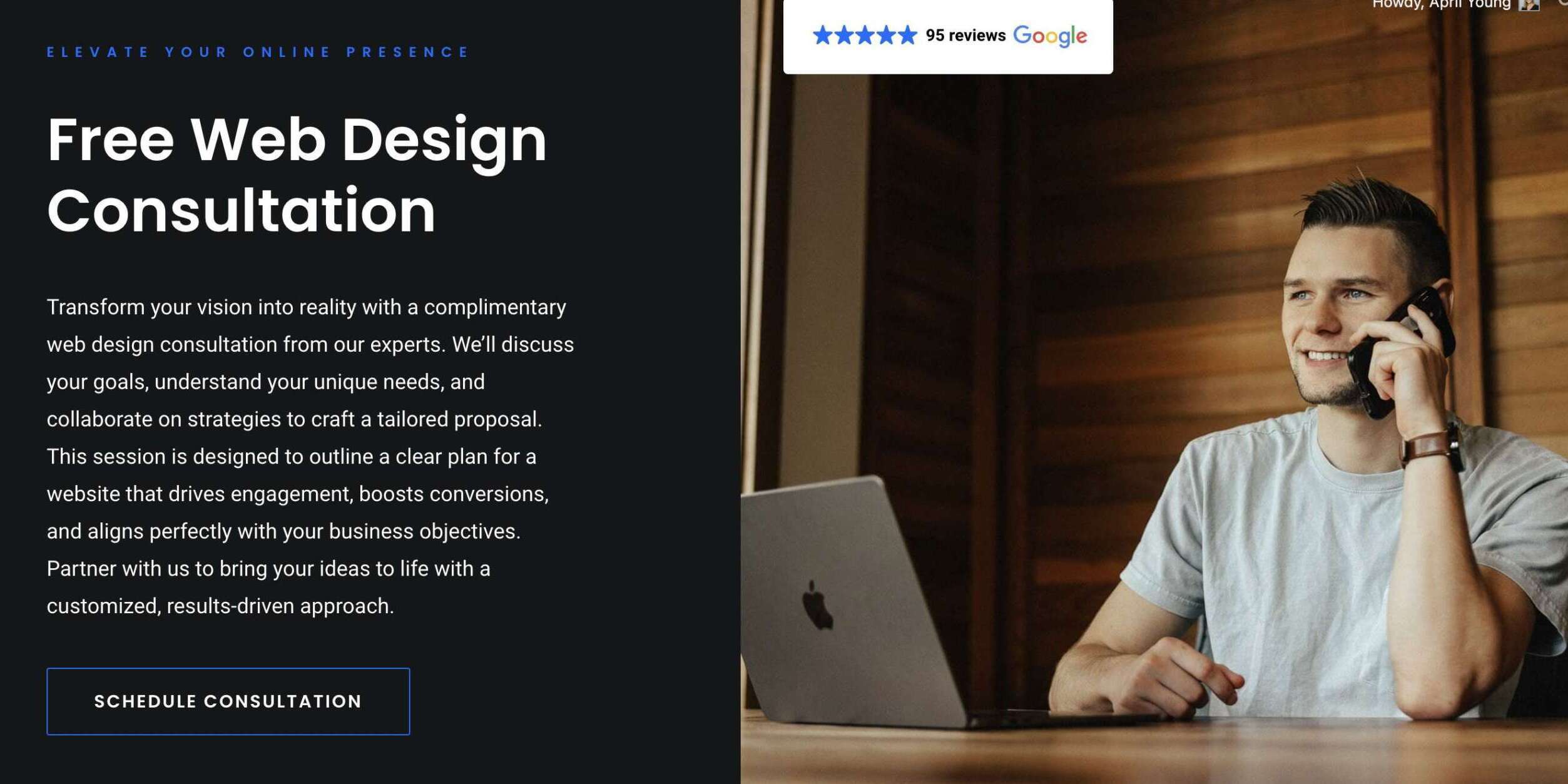 A man sitting at a desk with a laptop, smiling while on a headset call. Text on the left offers a free web design consultation, highlighting tailored proposals and boosting business objectives. Theres a button labeled Schedule Consultation.
