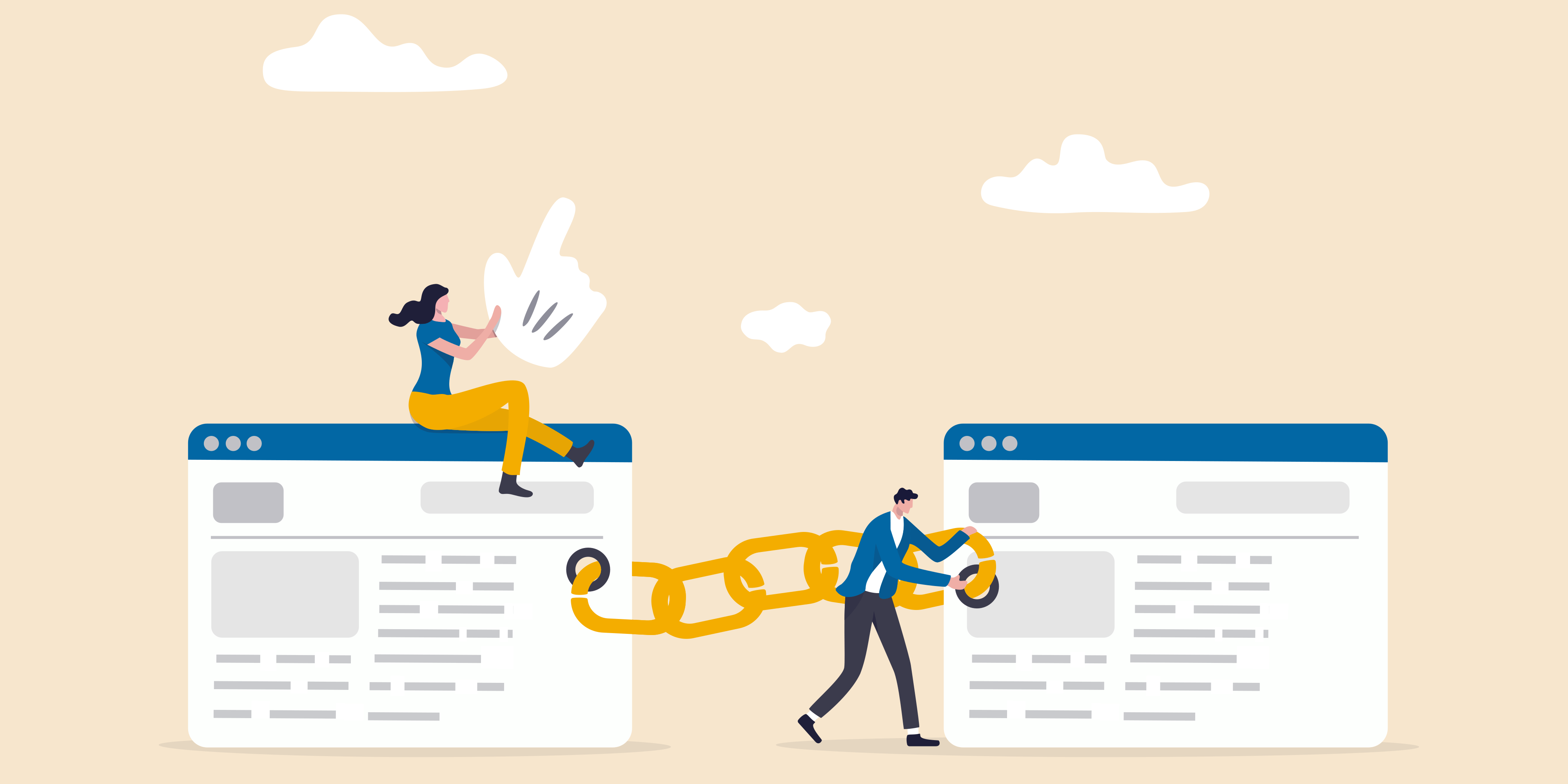 Illustration of a woman sitting on a web browser window, with a cursor hand beside her, and a man pulling a chain connecting another window. The background is beige with a few clouds, symbolizing digital connectivity or linking web pages.