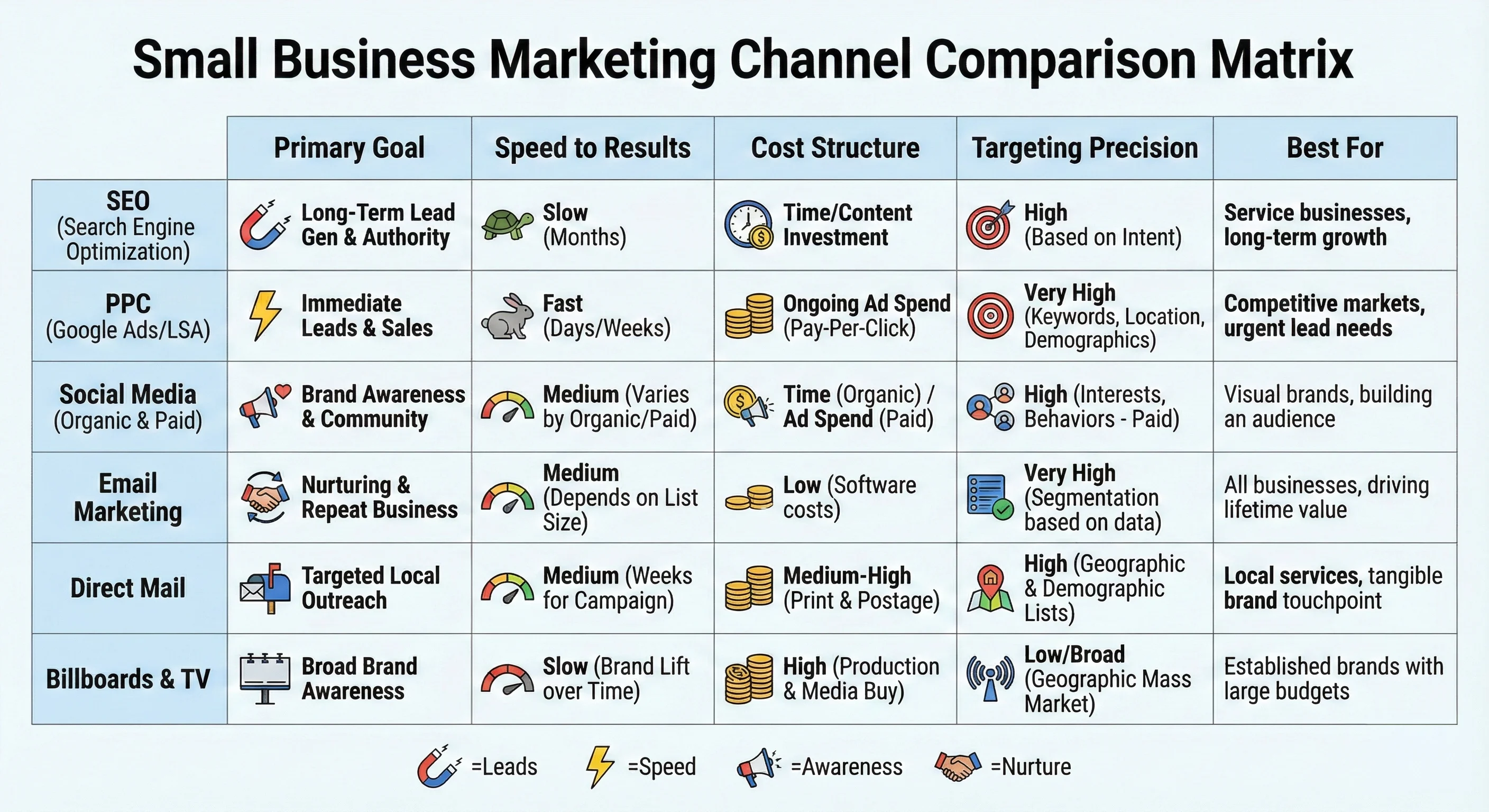 A comparison matrix shows marketing channels—SEO, PPC, Social Media, Email Marketing, Print Mail, Billboards & TV—rated by primary goal, speed, cost, targeting, best fit, and icon indicators for leads, speed, awareness, and nurture.