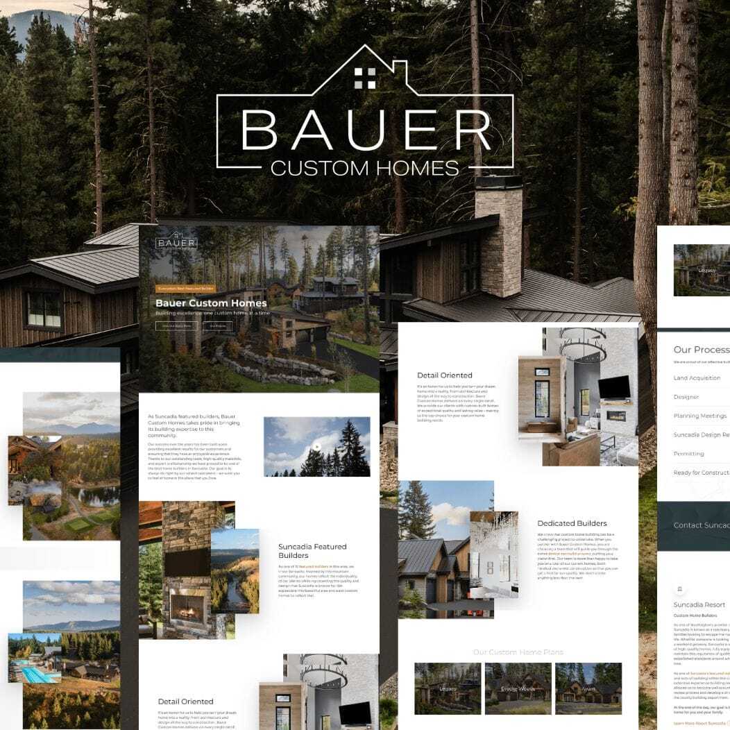 A collage showcasing Bauer Custom Homes, featuring a forested landscape background, luxury home exteriors, and interiors. Text includes details about their design and building process, with images of houses emphasizing craftsmanship and design.