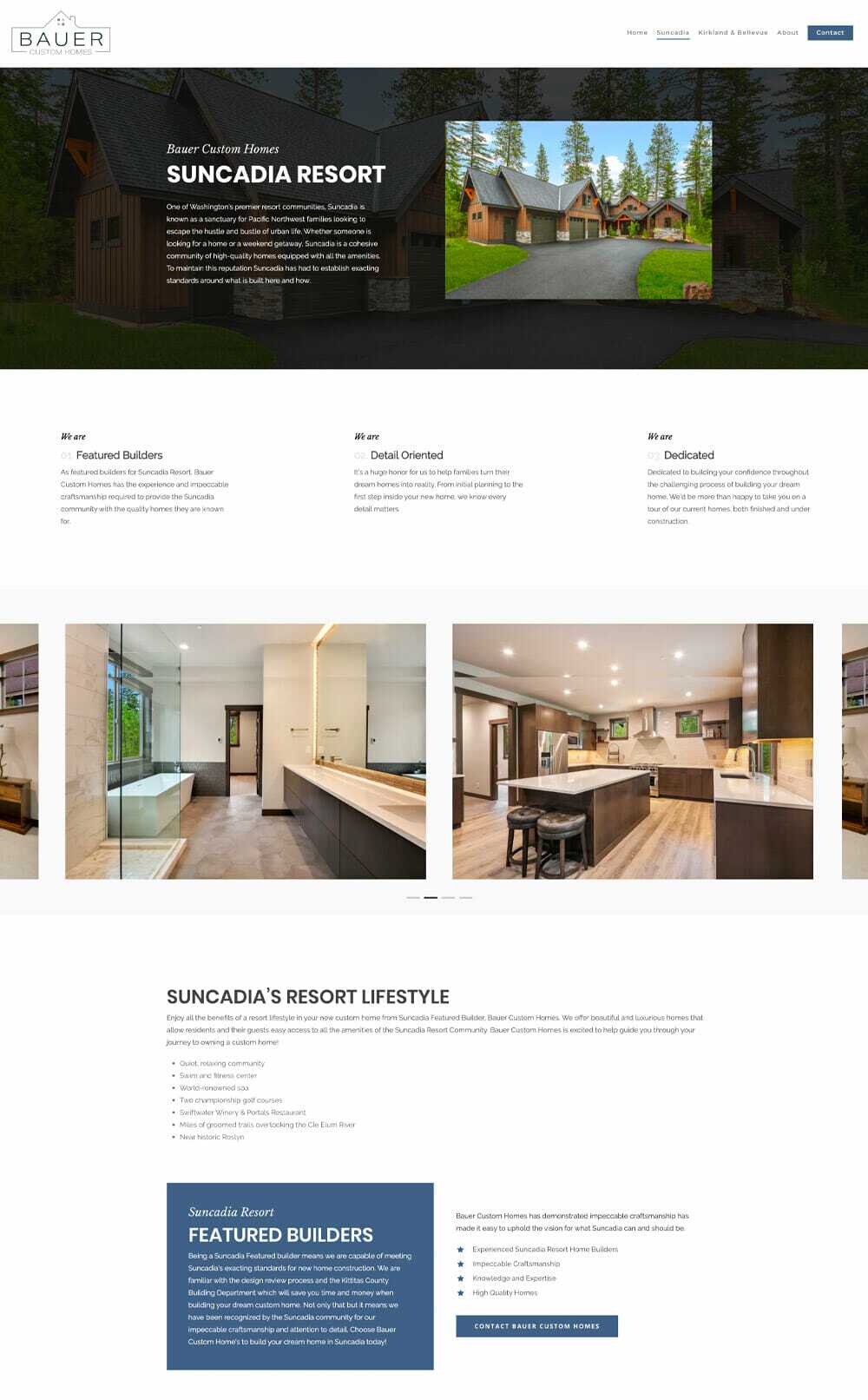 A website page for Suncadia Resort by Bauer Custom Homes. It features images of modern, rustic homes, descriptions of featured builders, and information on the resorts lifestyle. Includes headers and contact details at the bottom.