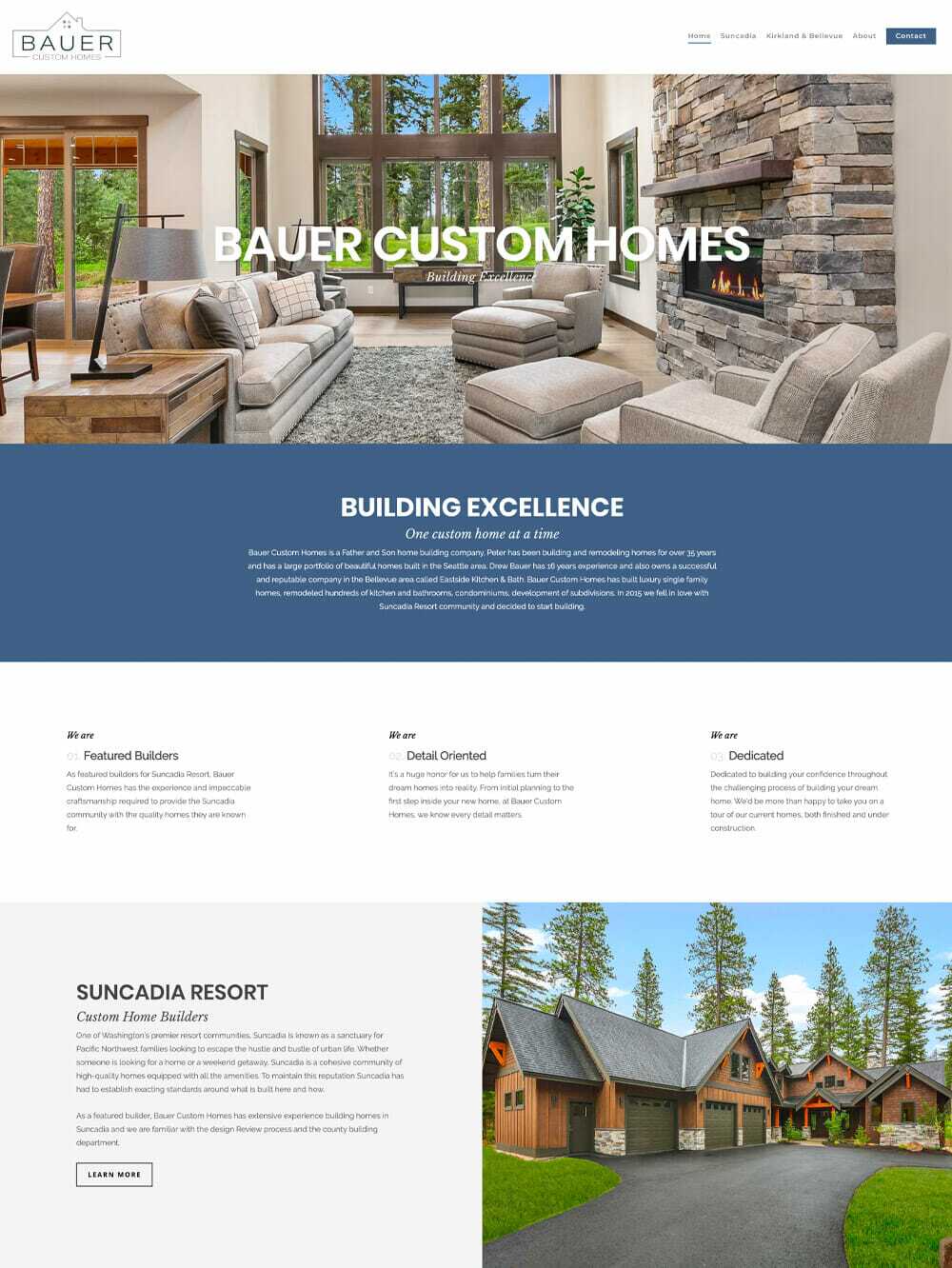 A website for Bauer Custom Homes showcases a spacious, modern living room with large windows and grey sofas. Below, theres a section on building excellence. At the bottom, an image of Suncadia Resort features wooden homes surrounded by trees.