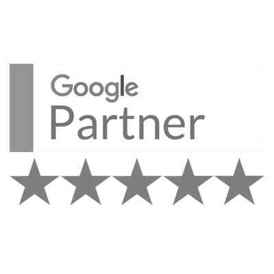 Google Partner badge displayed above five gray stars, symbolizing a high rating or endorsement.