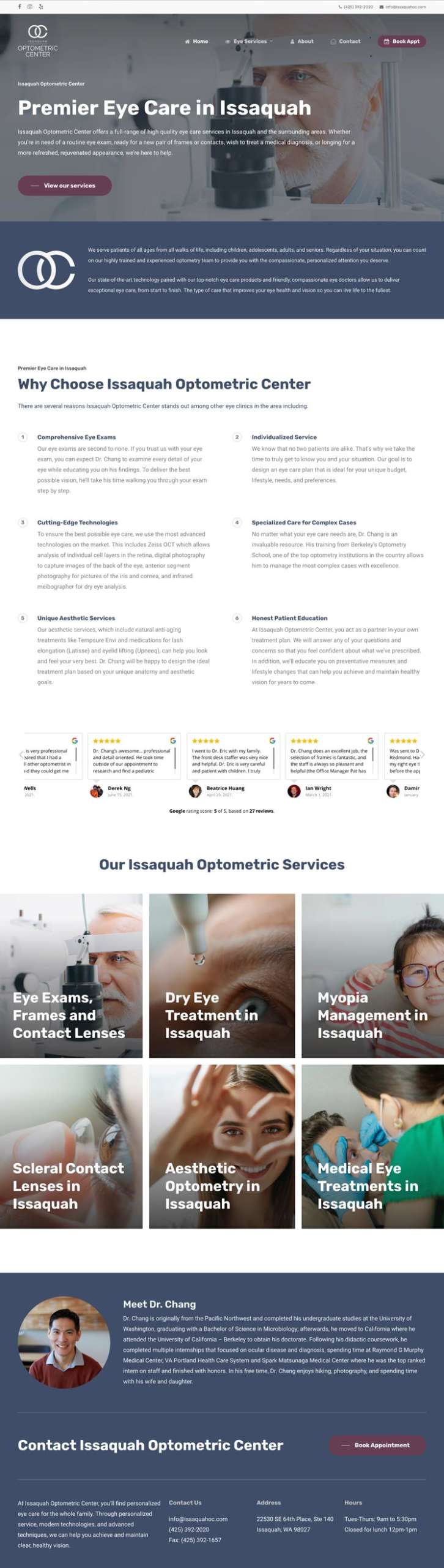 A webpage for Issaquah Optometric Center featuring eye care services. It includes sections on why to choose the center, available services, and a contact form. Images show tools, patients, and Dr. Chang. The page emphasizes quality and advanced technology.