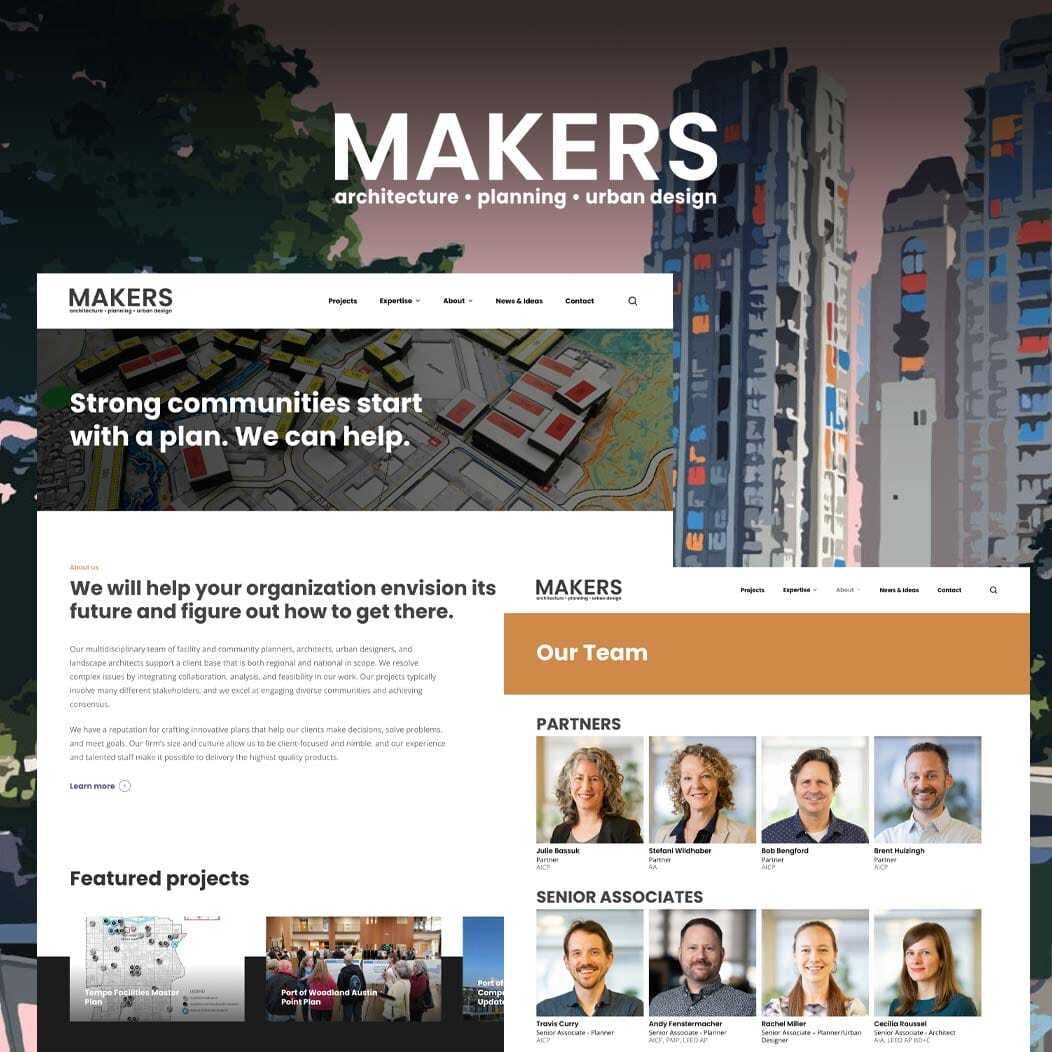 Website homepage for MAKERS, an architecture, planning, and urban design company. The page features a large header, a mission statement, team member photos, and images of projects. Background includes illustrations of urban buildings.